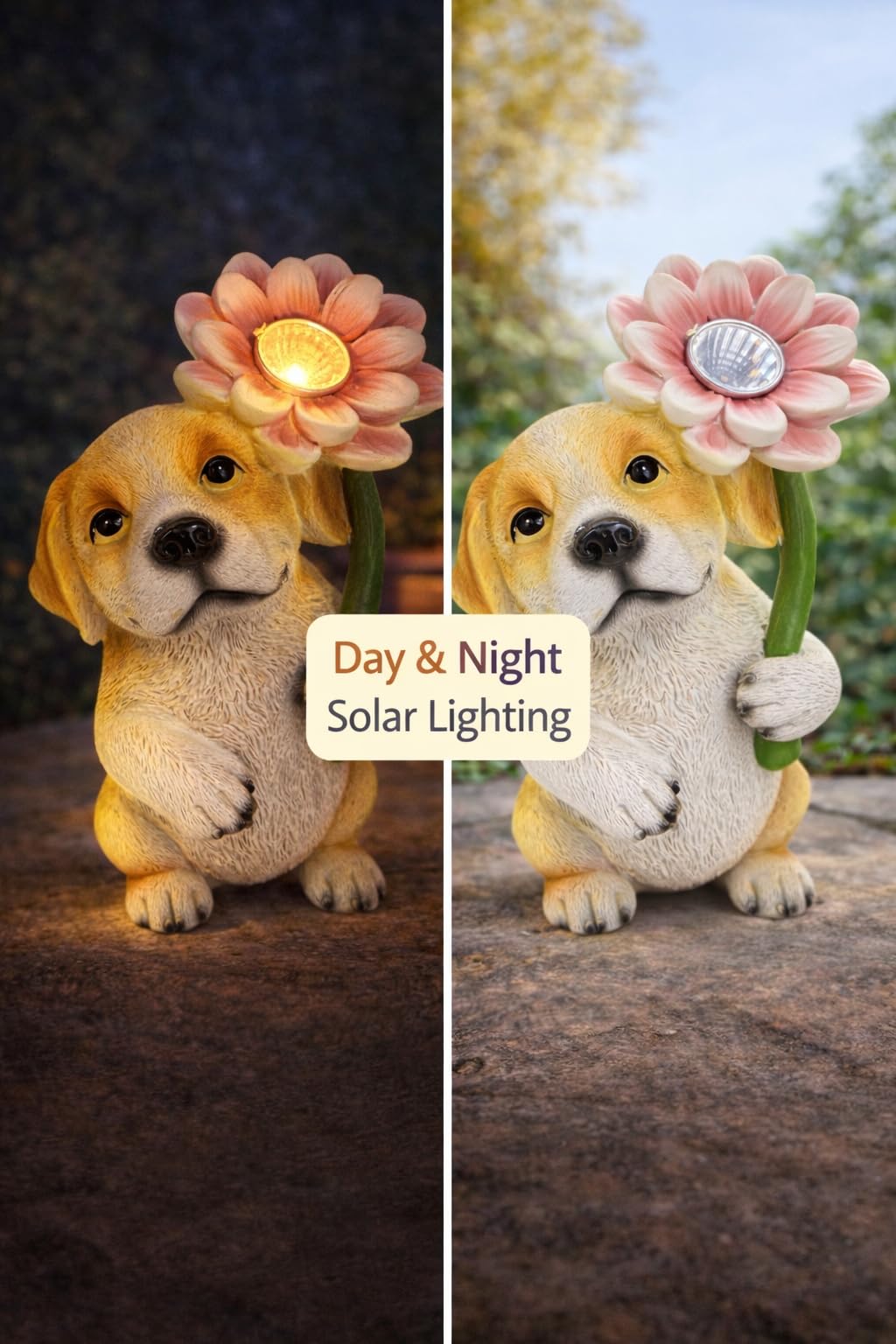GoGnome Set di 3 luci solari da giardino a forma di animali, statuette in resina a forma di coniglietto, gatto e cane, con fiori a LED caldi, ad energia solare, decorazione per esterni, per giardino