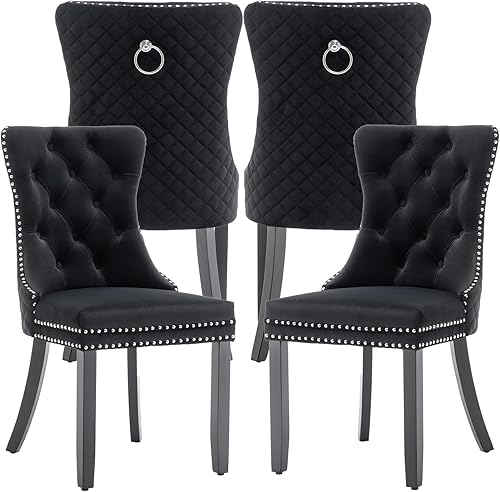 Sillas de Comedor Modernas 4 sillas de comedor de terciopelo, sillas de comedor tapizadas con ribete de clavos, sillas de cocina de madera para