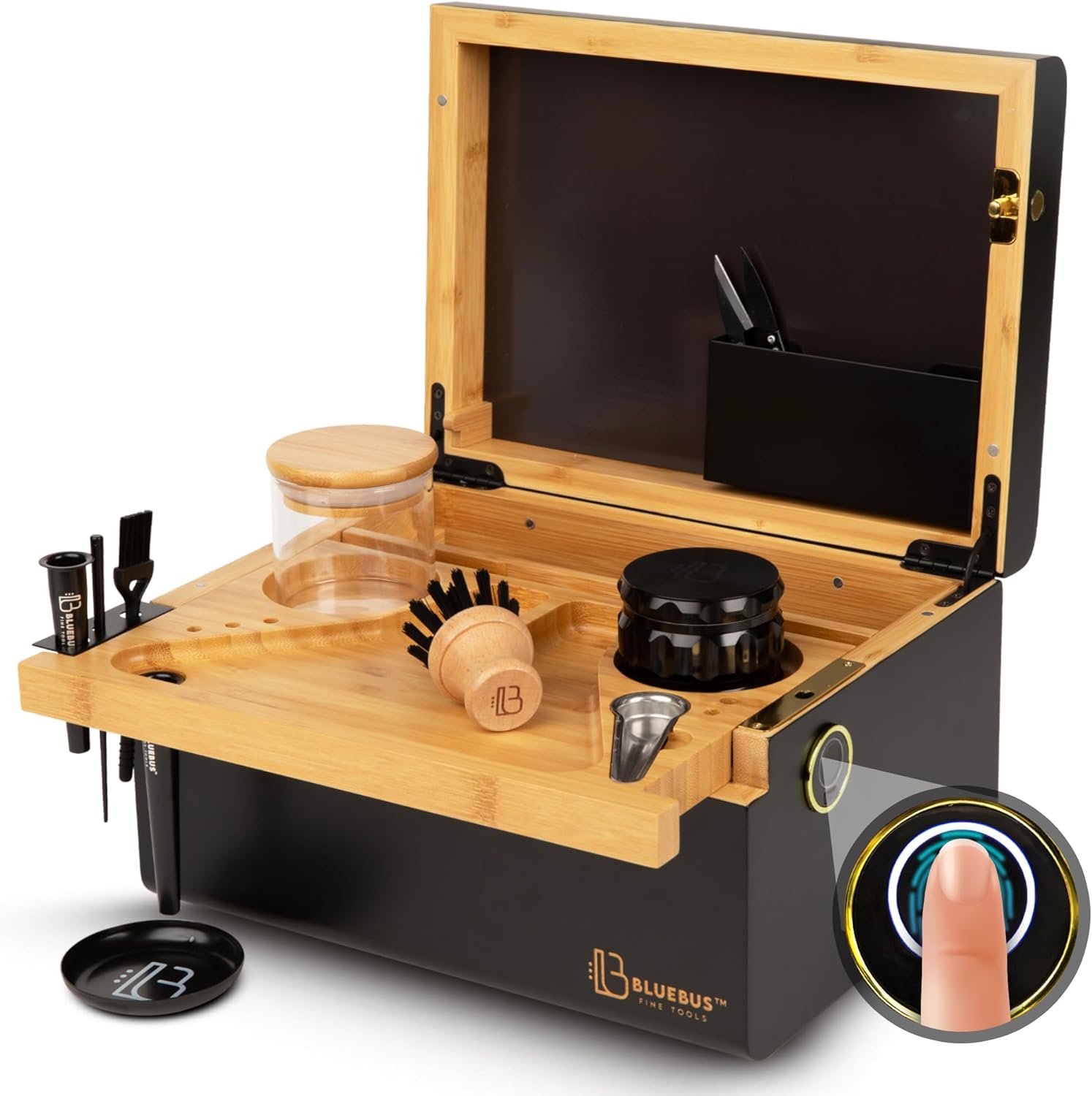 Blue Bus Discovery 2.0 Large Bamboo Box with Fingerprint Lock, Lid, Glass Jars and Tray - Decorative Wooden Storage Box for Keepsakes (10.8" L x 7.87" W x 6" H) (Green)