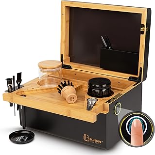 Blue Bus Discovery 2.0 Large Bamboo Box with Fingerprint Lock, Lid, Glass Jars and Tray - Decorative Wooden Storage Box for Keepsakes (10.8" L x 7.87" W x 6" H) (Black)