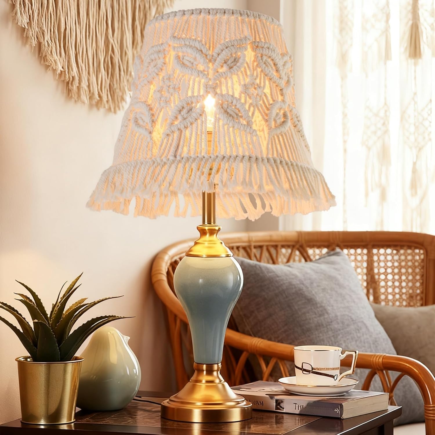 Boho Macrame Lamp Shades Set of 2, 7.5" Top x 12" Bottom x 11" High, Floral Weave Ivory-White Lampshade with Tassel, Replacement Spider Fitter for Table & Floor Lamps