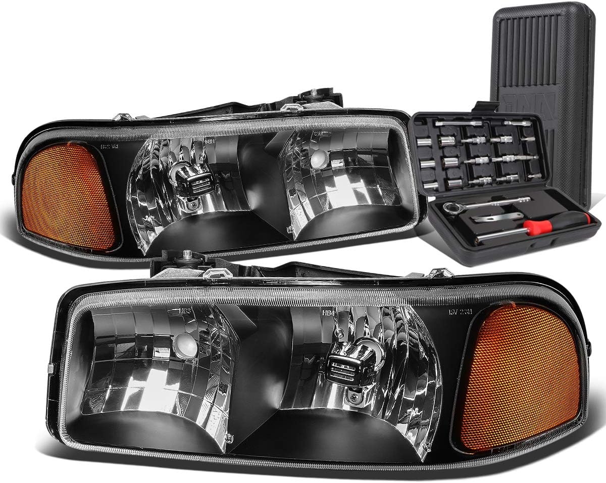Auto Dynasty Black Housing Amber Corner Headlight Head Lamps+Tool Kit Compatible with GMC Sierra Yukon 99-07
