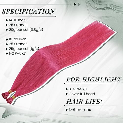 Miniatura 3 de RUNATURE Extensiones de cabello humano rosa con punta en I de 20 pulgadas, extensiones de cabello rosa con punta en I, extensiones de cabello humano