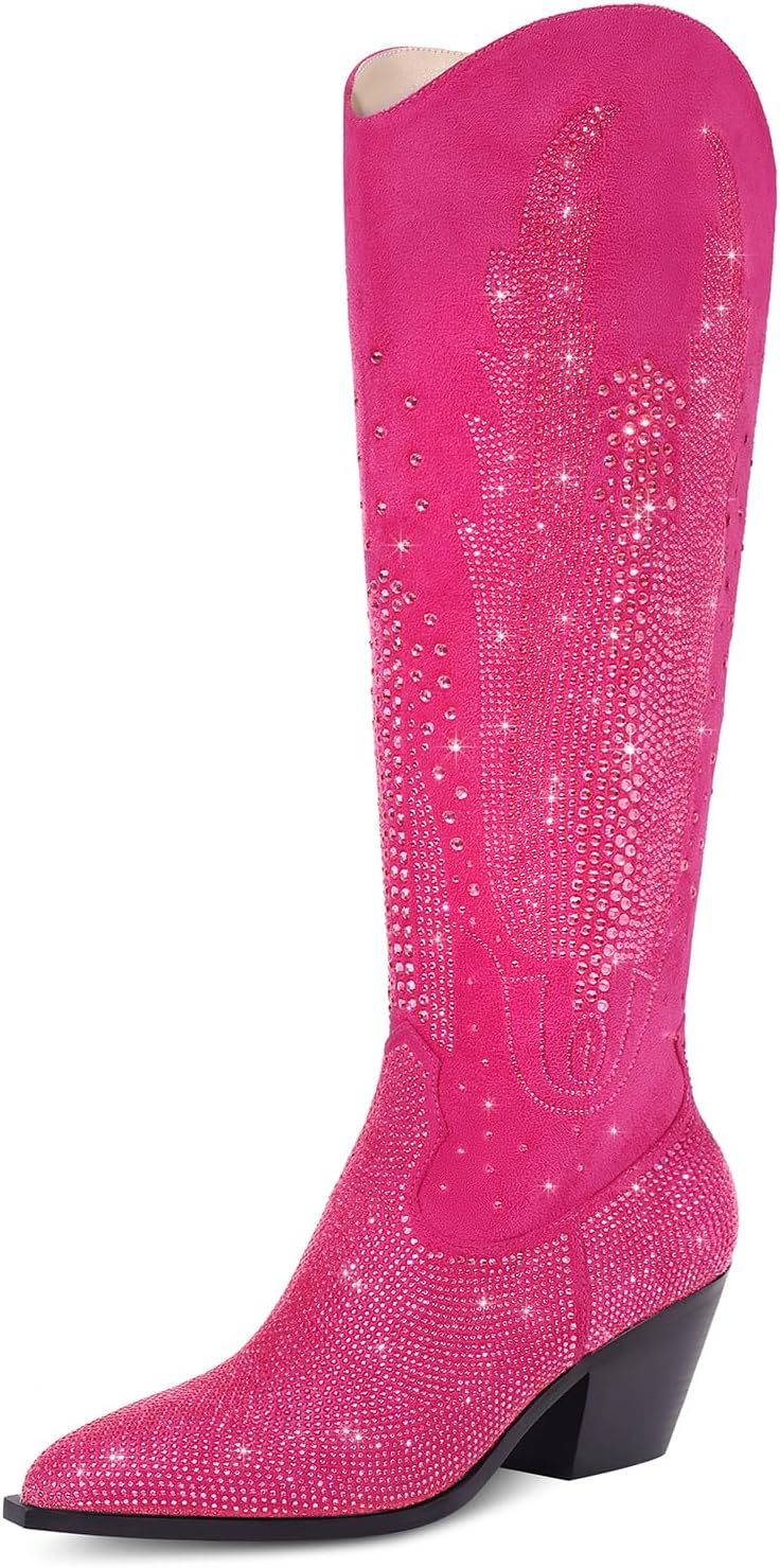 Knee High Cowboy Boots for Women Cowgirl Western Boots Rhinestone Bling Pointed Toe Chunky Heel Pull On Fashion Shoes Tall Black Boot