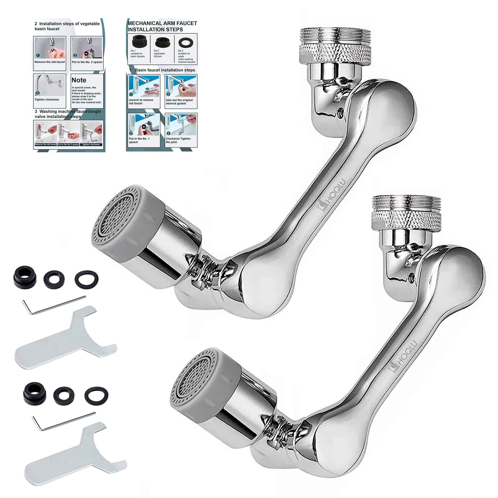 HOQLU 1080Â° Multi-functional Faucet Extender for Sink, Rotating Faucet Extender, Swivel Robotic Arm Faucet Aerator, Large Angle Splash Filter Aerator, Universal Rotating Aerator (2pcs Chrome)