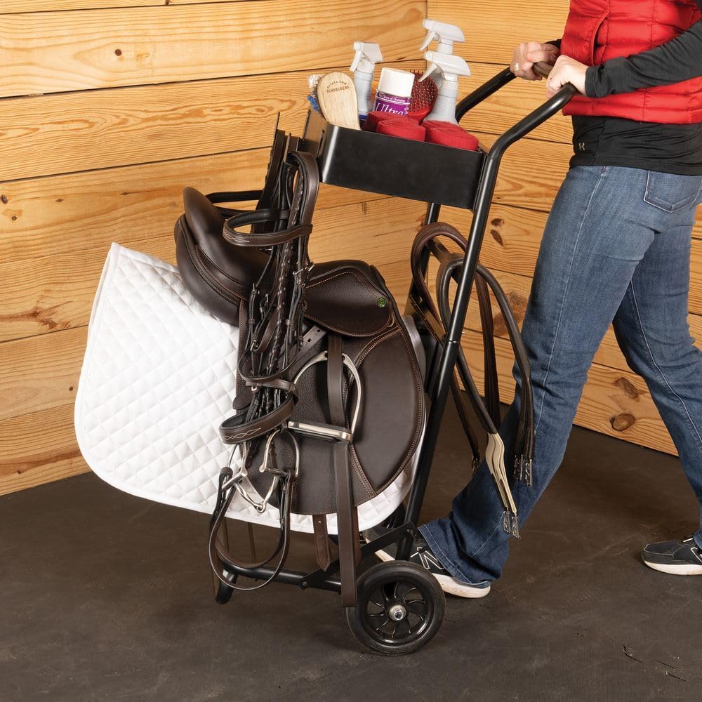EASY-UP Schneiders English Horse Saddle and Grooming Cart | Portable Tack Storage Cart with Basket | Bridle Hooks & Heavy Duty Wheels for Barn, Farm & Equestrian Shows | Color Black