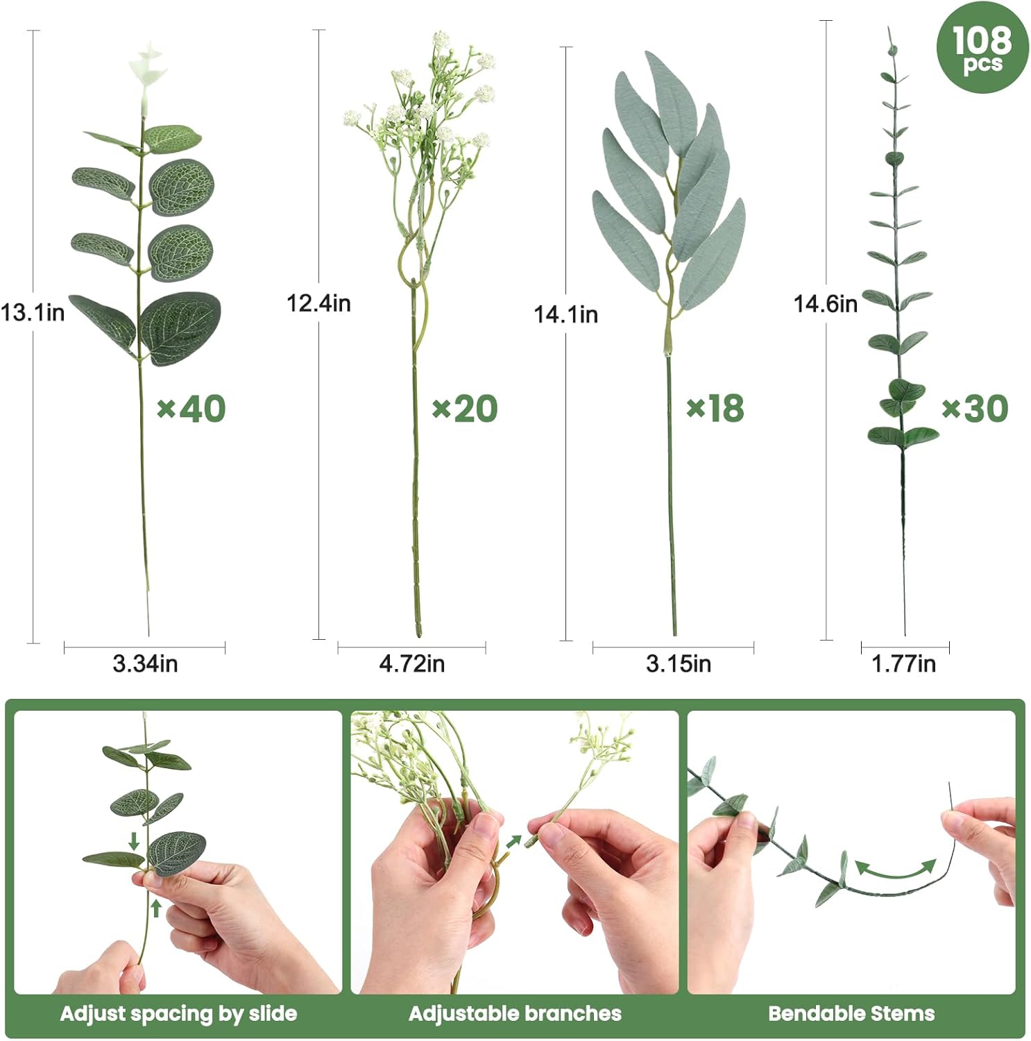 108 PCS Baby's Breath Artificial Flowers - Babys Breath Flowers with Eucalyptus Stem Bulk - Real Touch Fake Gypsophila Bouquets for Wedding Decor, Party Arrangements, Home Decoration, DIY Crafts