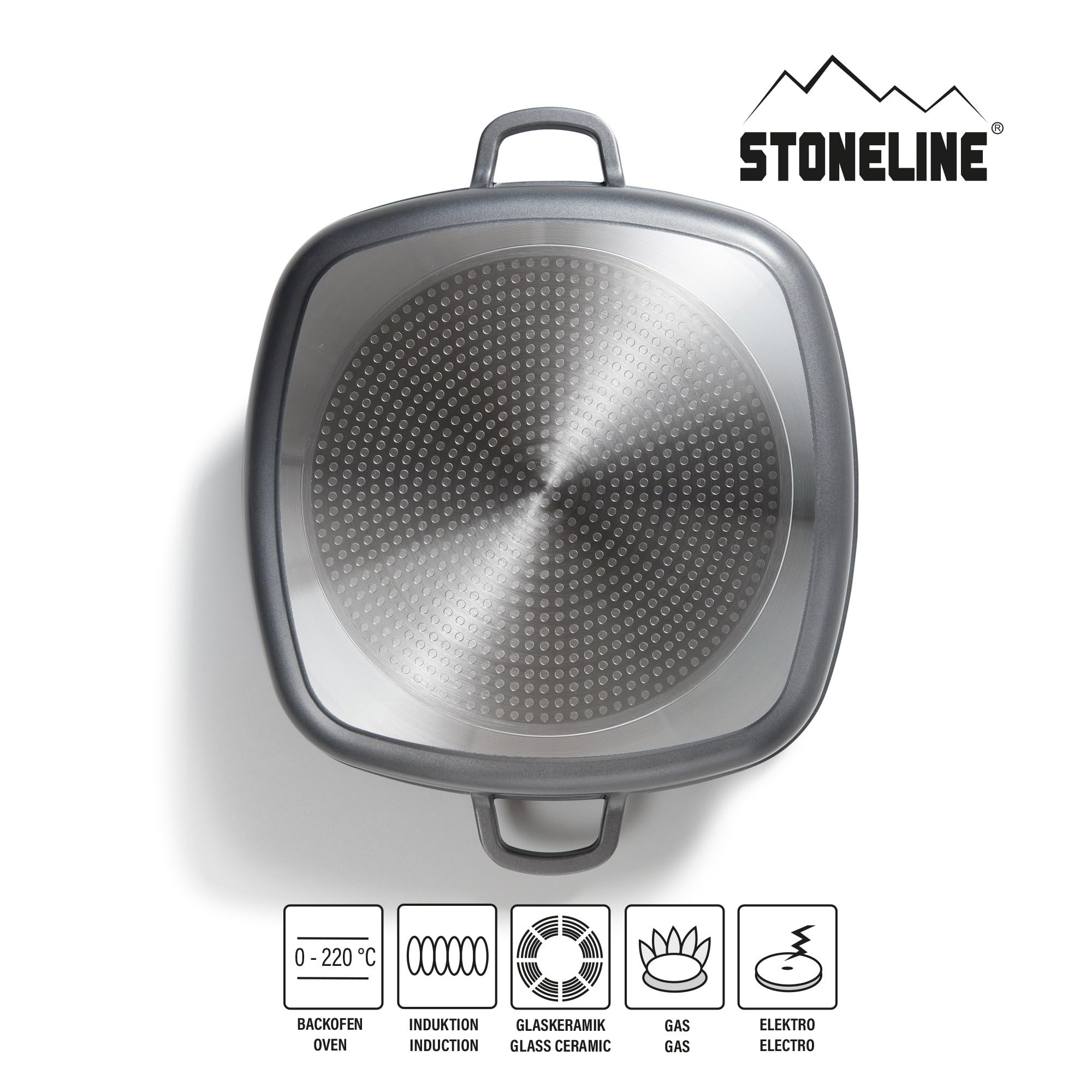STONELINE Casseruola Quadrata 32 cm, Tegame 2 Manici Coperchio Salva-Aroma Alluminio Pressofuso, Rivestimento Antiaderente con Vere Particelle di Pietra, A Induzione Forno Tutti i Piani, Grigio