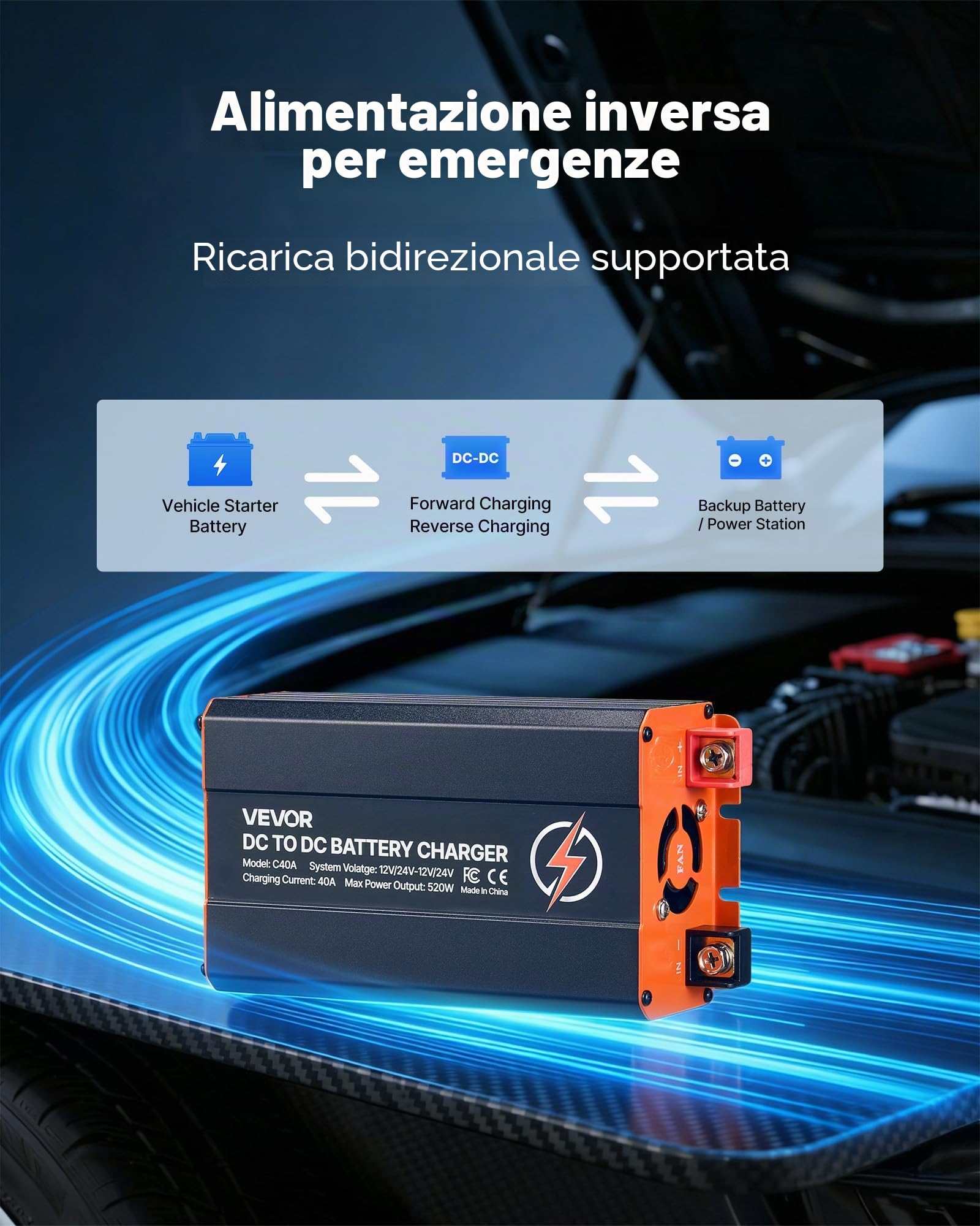 VEVOR Caricabatterie CC-CC per Batteria al Piombo LiFePO4, Caricabatterie Potenza Uscita max 520 W Corrente 40 A 12V/24V-12V/24V con 2 Interruttori DIP per Camper Barca Roulotte Auto Rimorchio