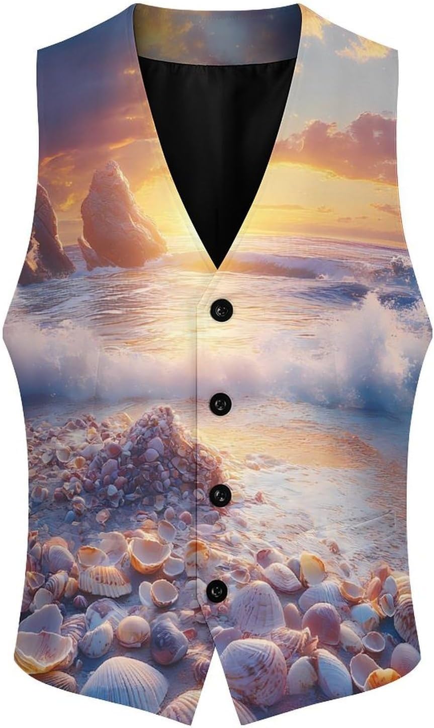 Sunset Sea Shells Men's Suit Vest Formal Vests Casual Dress Fit Waistcoat Casual Tuxedo for Business