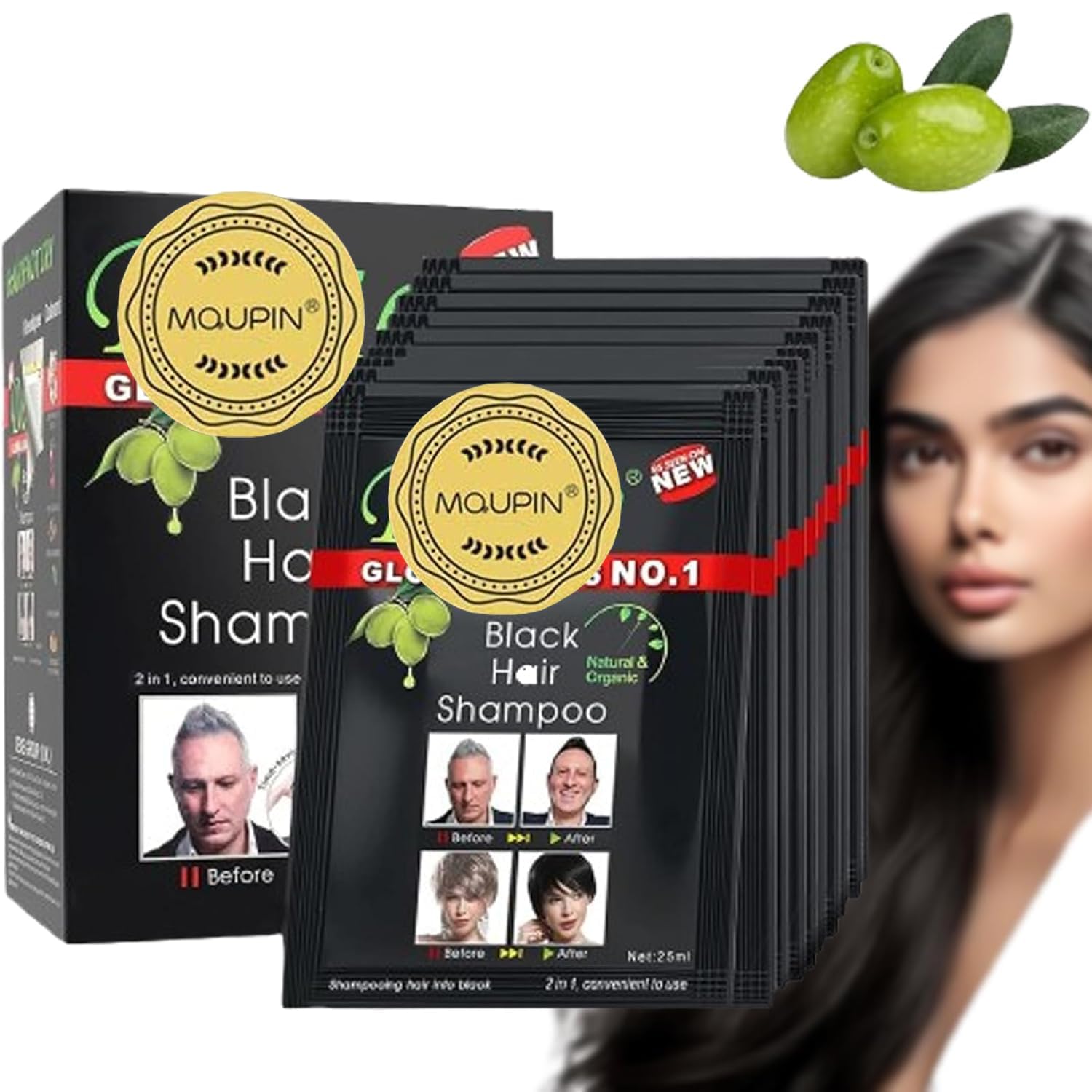Black Hair Dye Shampoo Upgraded,MQUPIN Hair Shampoo Instant Hair Dye for Men Women Black Natural Ingredients Simple to Use Permanent(10 PCS)