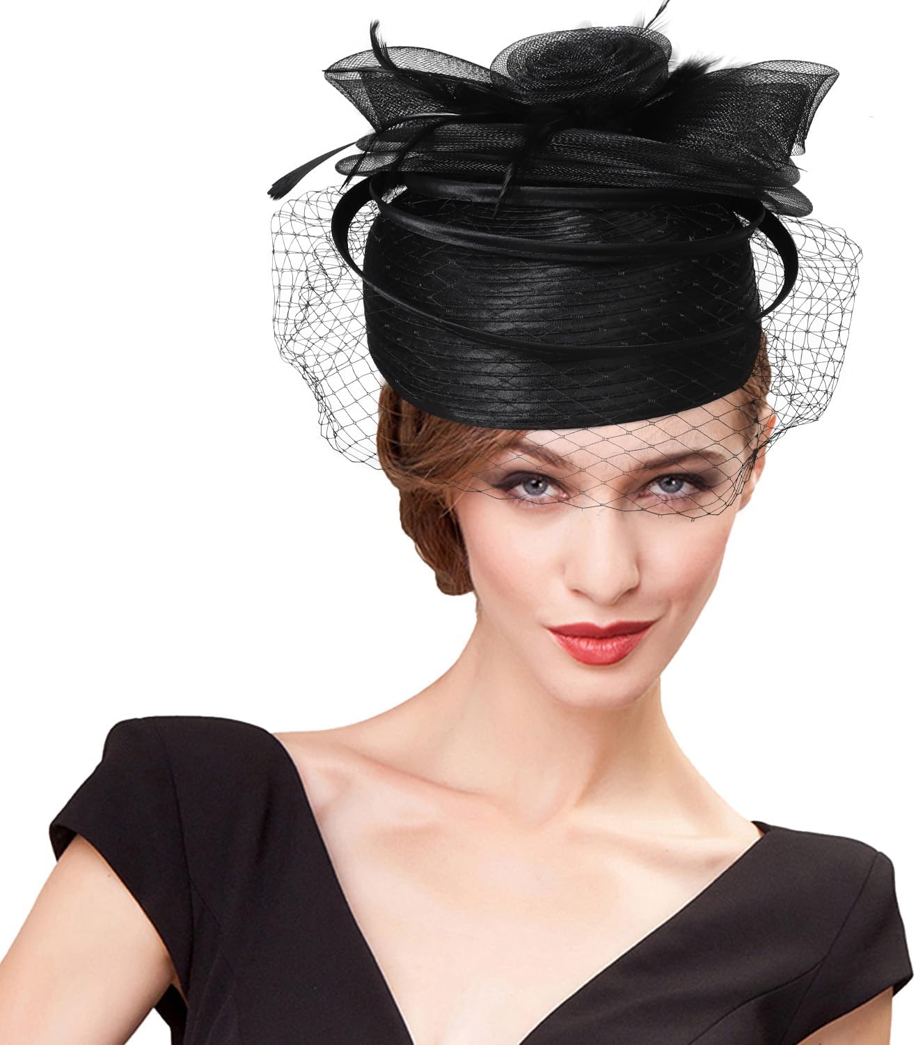 Vintage 20s 50s Feather Mesh Fascinator Hat with Veil Elegant Pillbox Style for Church Derby Wedding Tea Party Cocktail