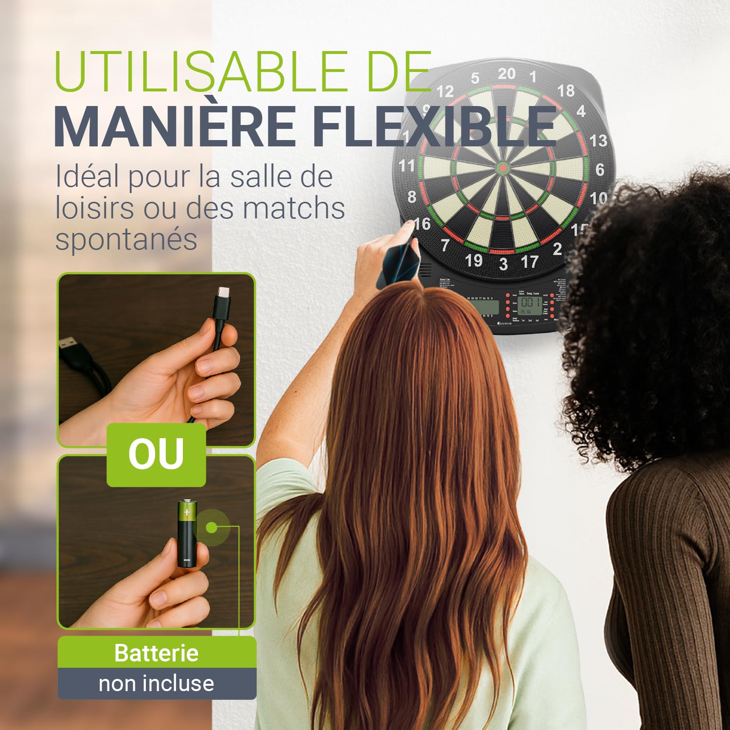 Juskys Cible électronique – Dartboard avec 32 Jeux & 359 Variantes, USB-C, Jusqu’à 8 Joueurs