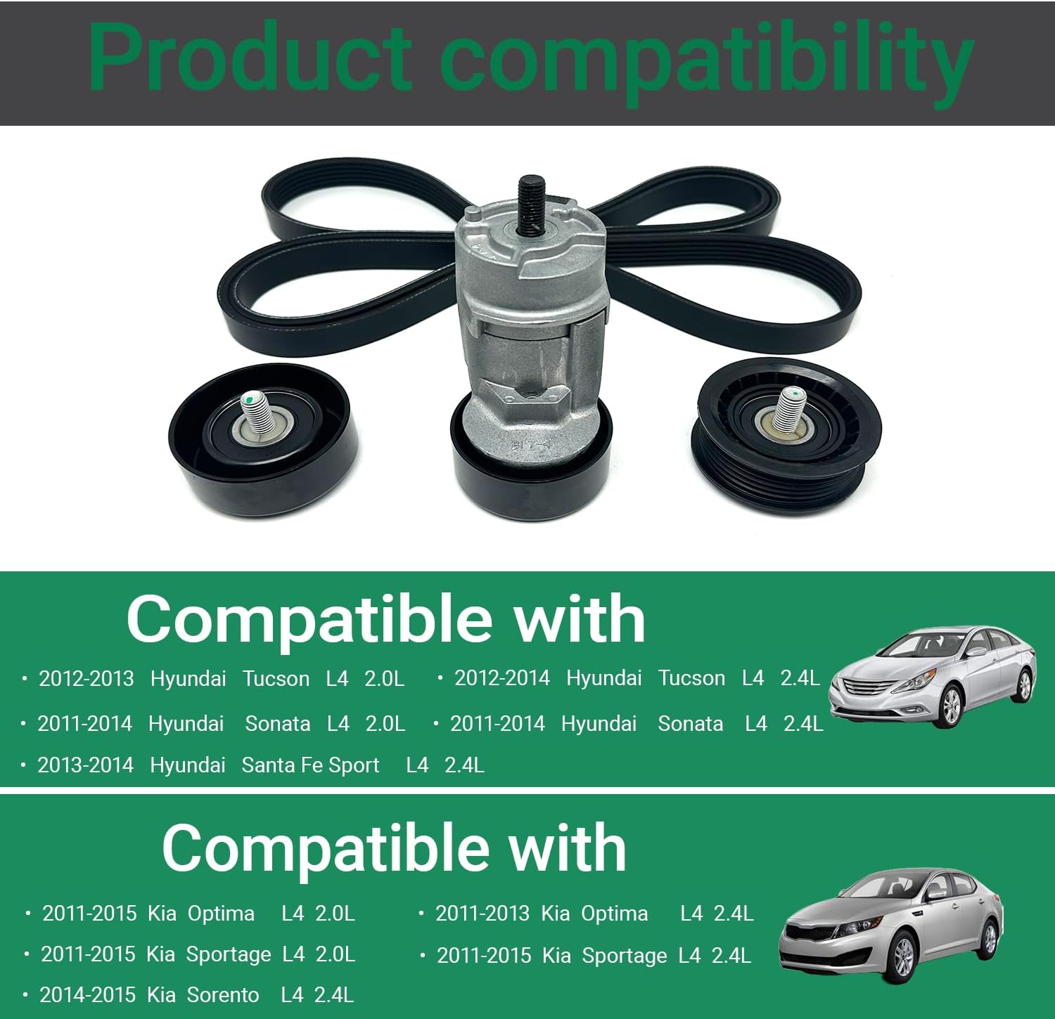 Belt Tensioner With Belt With Idler Pulley Fits 2011-2014 Sonata,2012-2014 Tucson,2013-2014 Santa Fe Sport,2011-2015 Kia Optima/Sportage,2014-2015 Sorento 2.0L 2.4L Replacement 2528125000