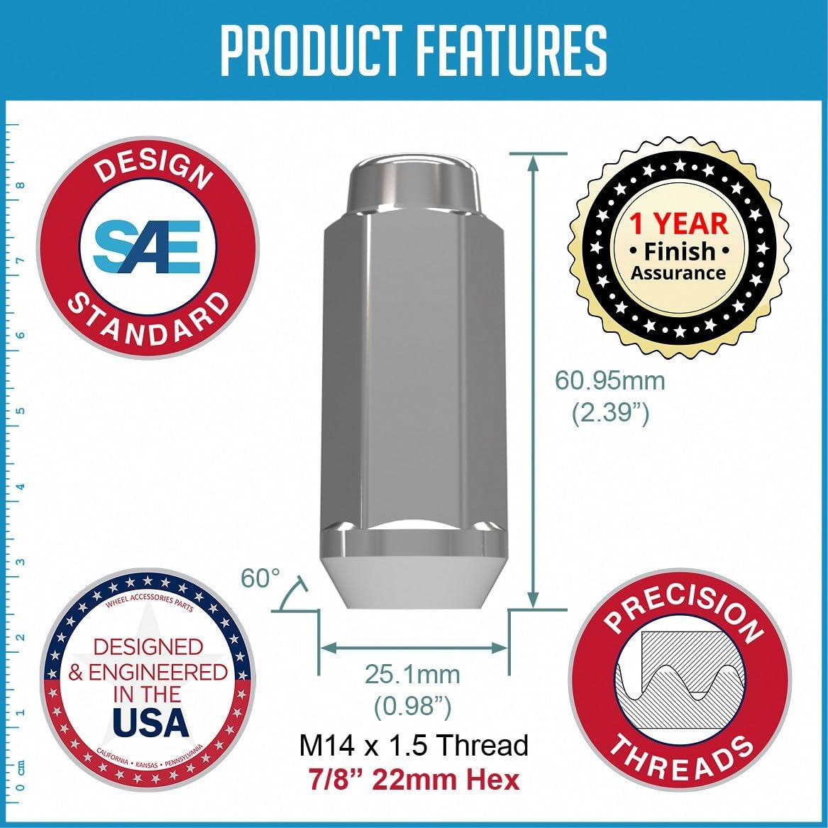 Wheel Accessories Parts 40 Pcs M14x1.5 14x1.5 Thread Bulge Acorn 2.40" Long Lug Nuts Chrome 22mm 7/8" Hex Fits Chevrolet Silverado GMC Sierra 1999+ 2500 3500 Ford 2005+ F250 F350 RAM 2012+ 2500 3500