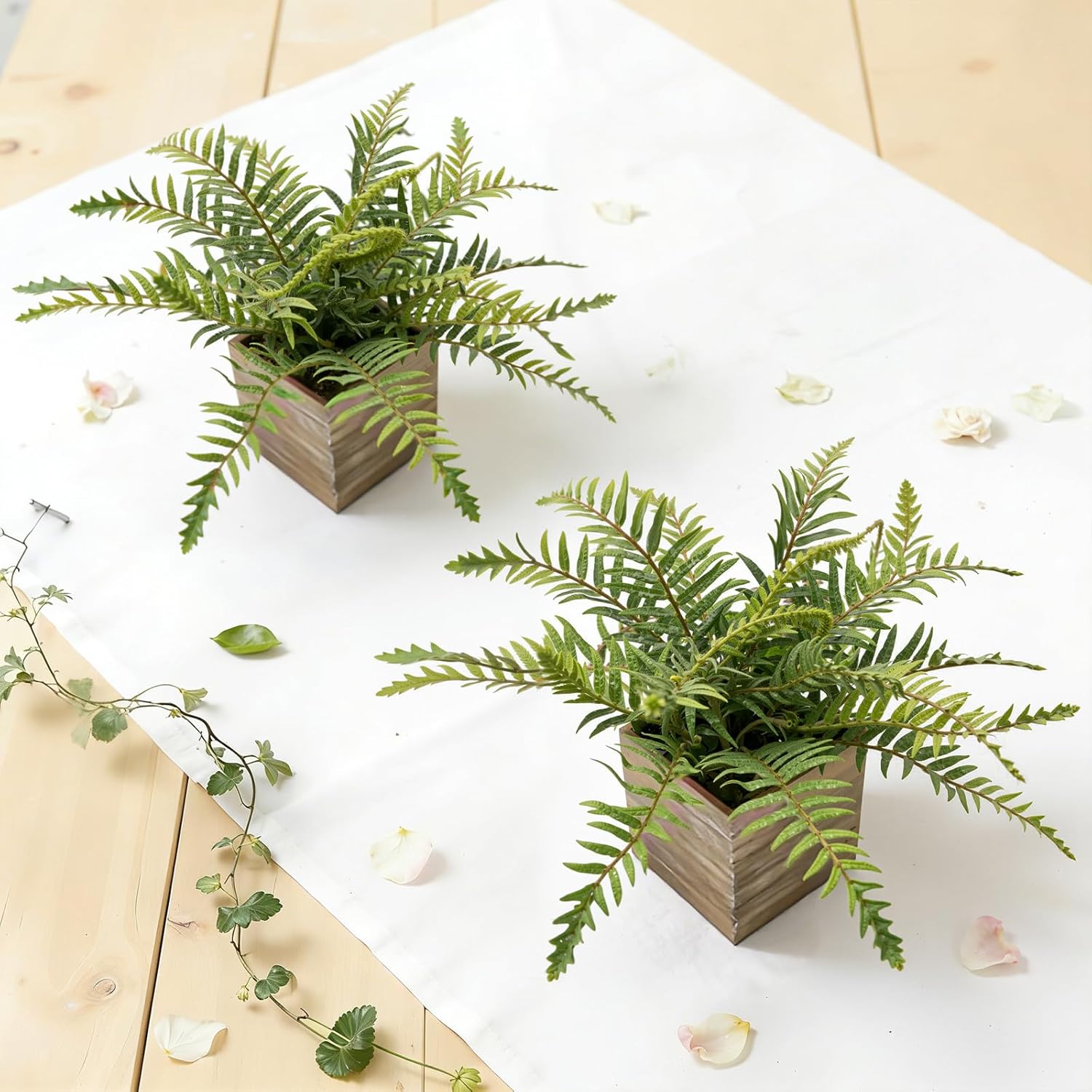2 Pack Medium Fake Fern Plants with 4 Inch Wooden Planters, 9" Inch Tall Indoor Artificial Fern Plants for Shelves, Desktop, Bedroom, Office Decor