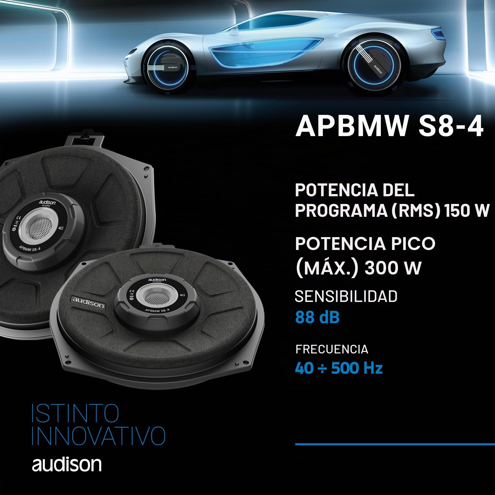 Audison APBMW S8-4.2 – Subwoofer específico para BMW de 200 mm con impedancia de 4 Ω, Cono Reforzado y Estructura compacta, 300 W máx