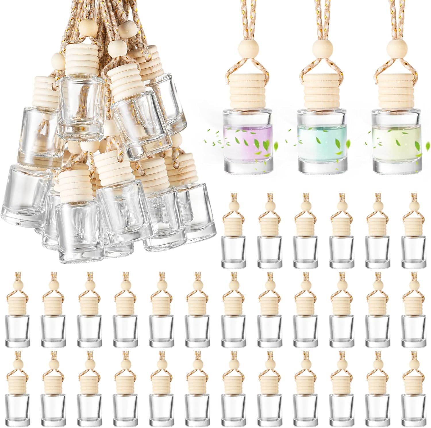 Hunky Dory 12pcs 10ml Hanging Car Air Freshener Diffuser Bottles Empty Glass Perfume Bottle Pendant for Essential Oil Fragrance Aromatherapy Bottle Ornament (Clear,Cylinder)-picture-2