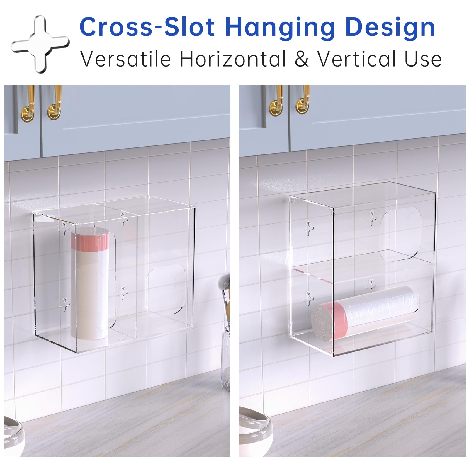 NiHome Soporte para bolsas de comestibles y dispensador de bolsas de basura de acrílico transparente 2 en 1 con tapa magnética, ahorro de espacio con opciones de montaje flexibles para el hogar y la