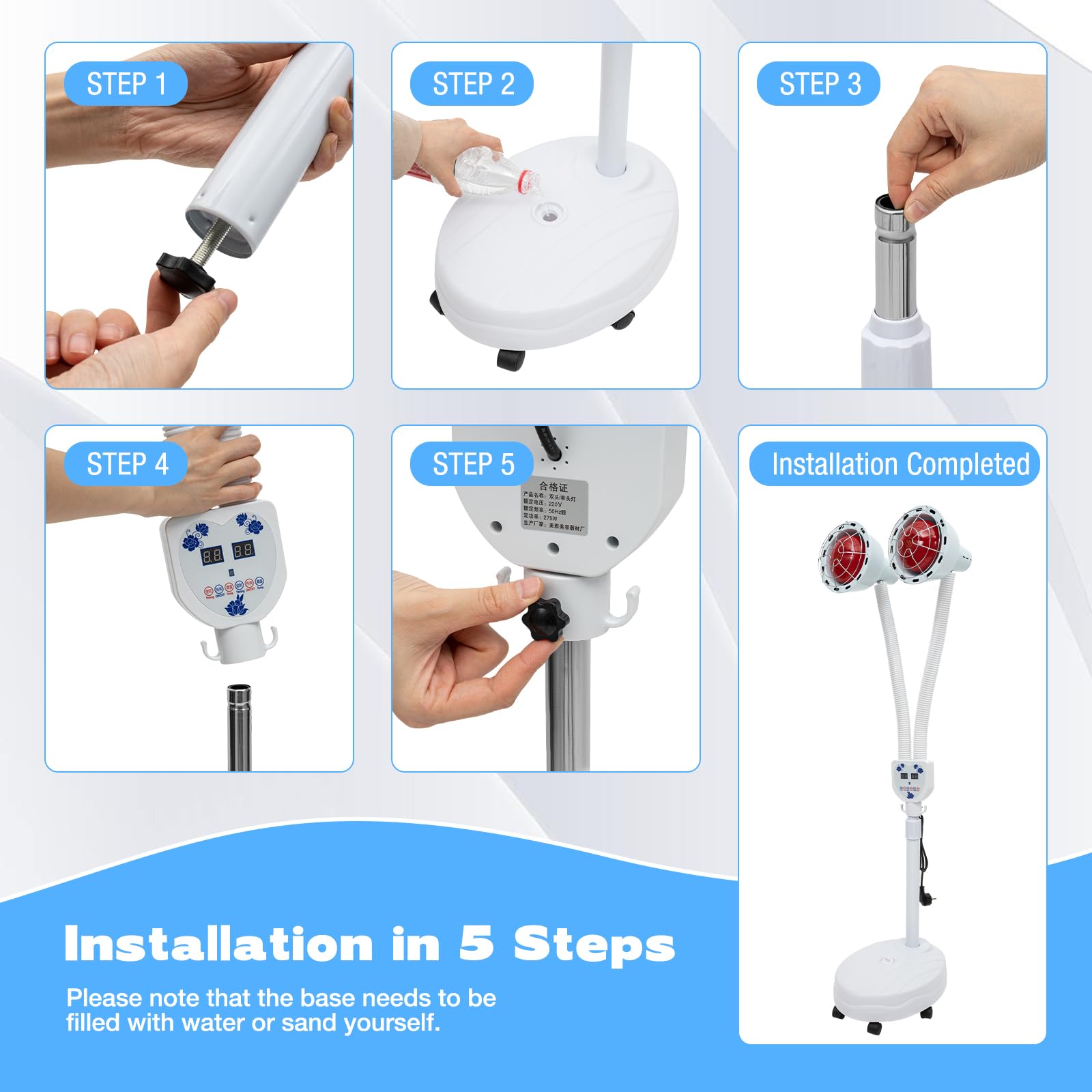 Lámparas infrarrojas, lámpara infrarroja de 275 W, lámpara de calefacción ajustable, terapia de infrarrojos, lámpara de calor trasera de doble cabeza, con ruedas y mando a distancia