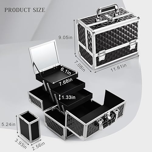 Miniatura 6 de Joligrace Caja de maquillaje con espejo de 3 bandejas de 11.5 pulgadas, estuche de maquillaje con soporte para brochas, organizador de