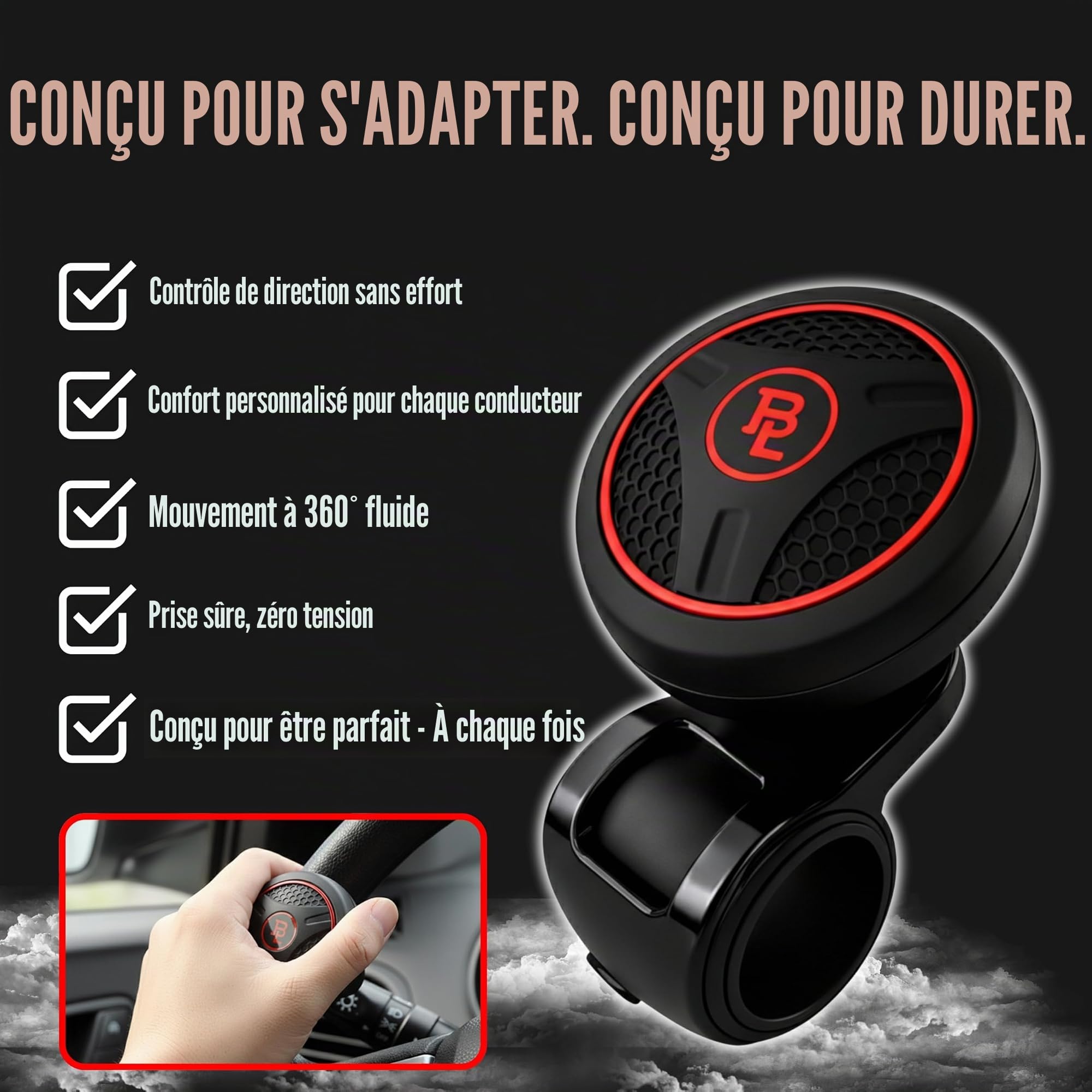 BL Silicon Noir Platine Puissance Poignée Voiture Suicide Volant de Direction Spinner Accessoire Bouton de véhicules de