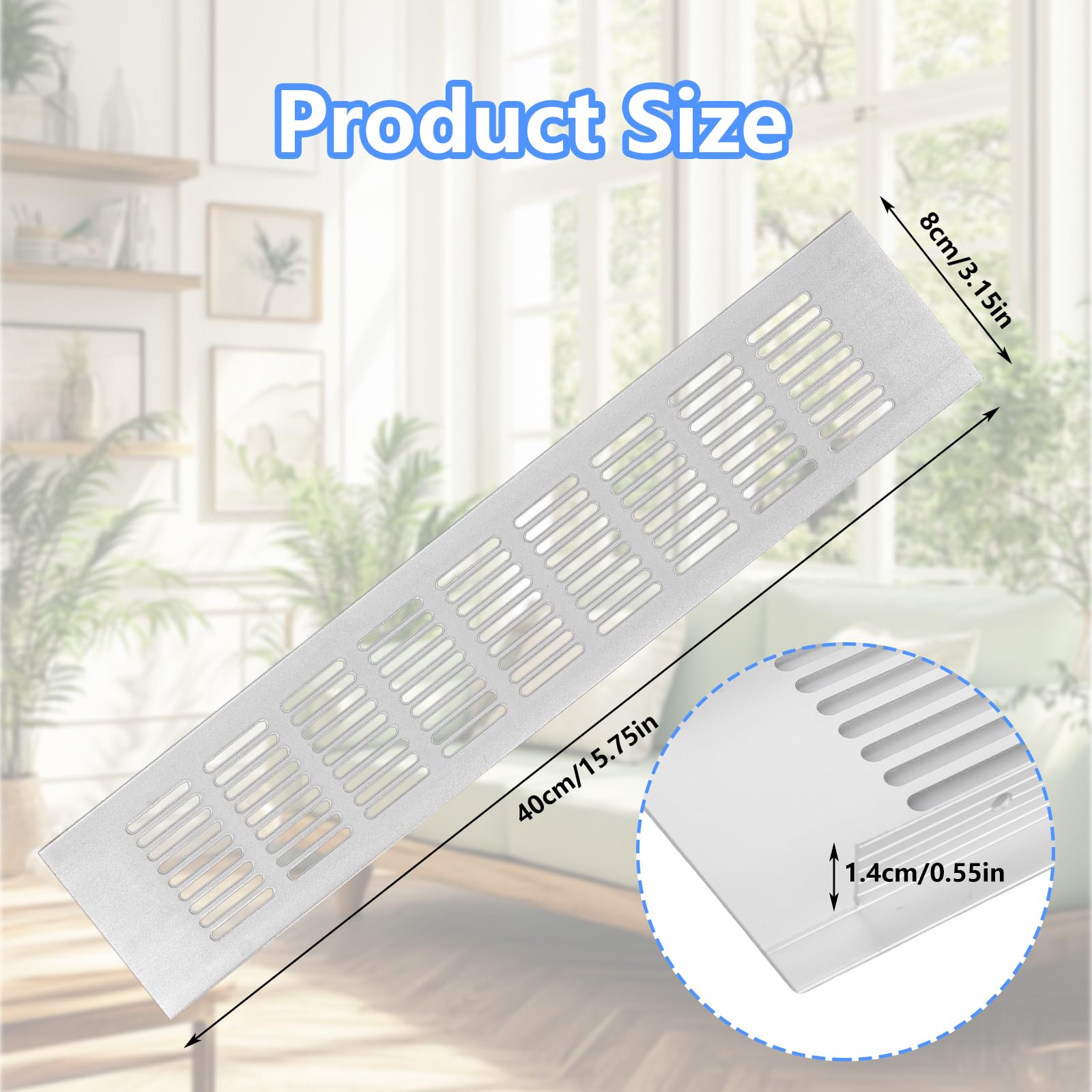 APACALI 6 Pack 80mmx400mm Kitchen Plinth Vent, Aluminum Alloy Silver Air Vent Cover, Silver Plinth Vent with Screws - Image 2
