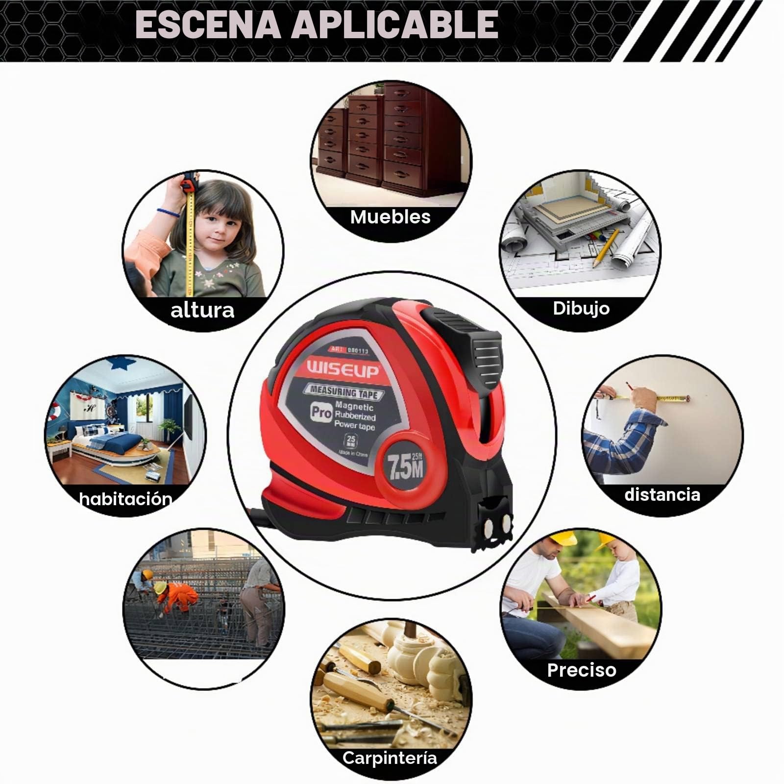 WISEUP Cinta metrica, cinturón de flexometro 5 metros profesional, cinturón de medición de autobloqueo, carcasa ABS anti - flexión, anti - caída, clip de cinturón, adecuado para ingenieros