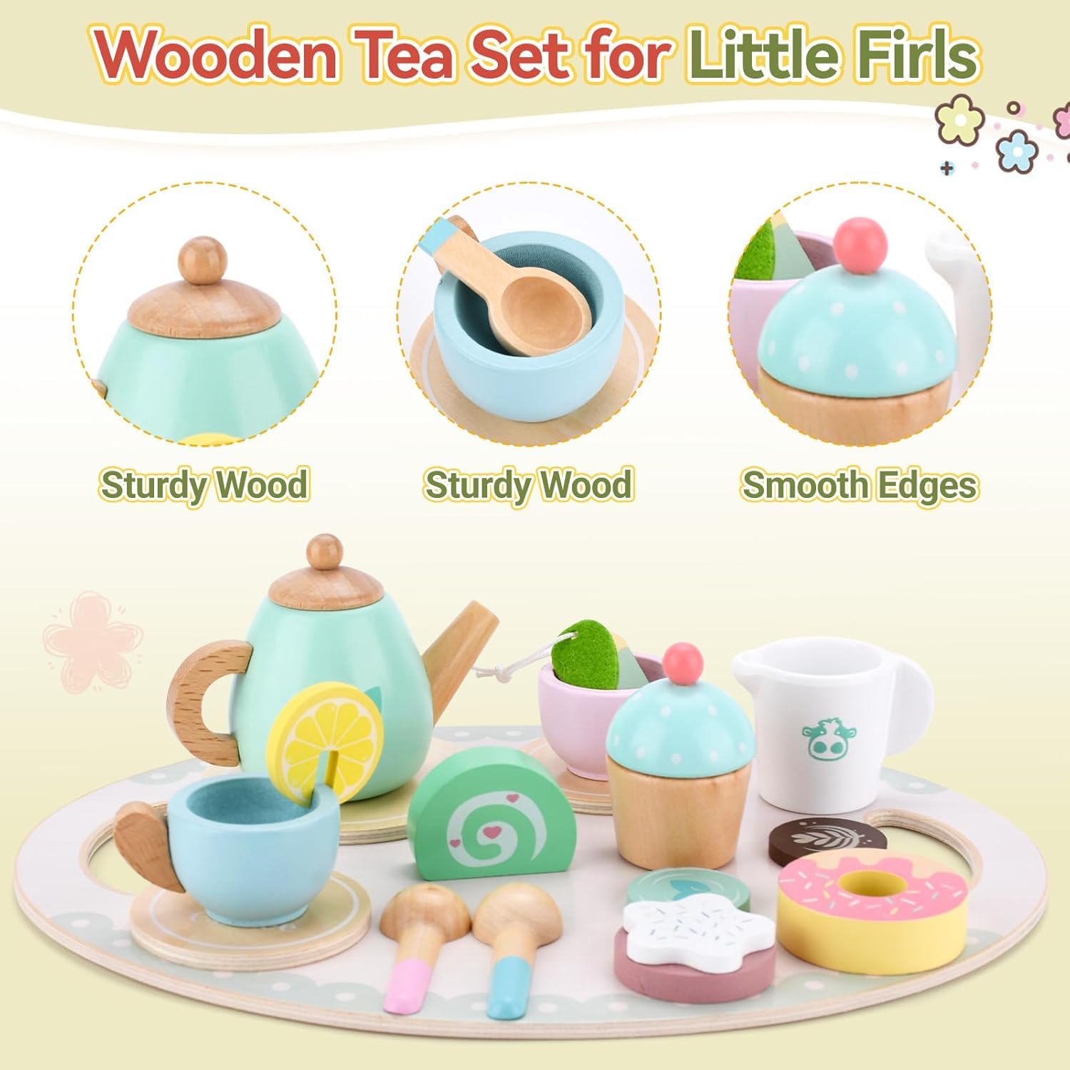 Teeservice Kinder Holz,Teeservice Kinderküche Zubehör,Holzspielzeug Küchenzubehör mit Teekanne,Tassen,Dessert-Spielzeug,Löffeln & Zubehör,Holzspielzeug Geschenk für Mädchen Jungen ab 3 Jahre