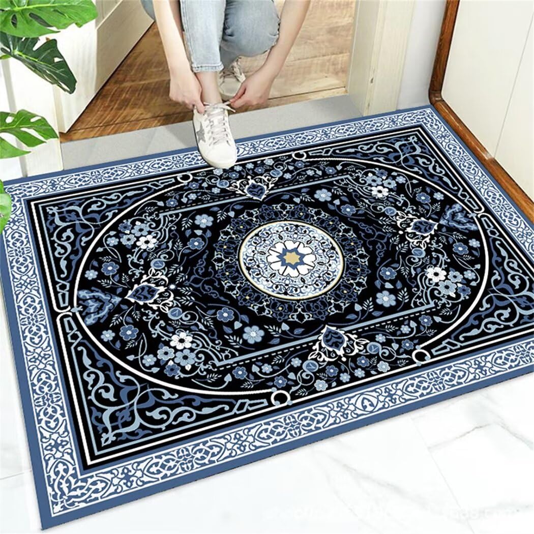 Tapis poil court 200x300cm bleu à motif floral rétro