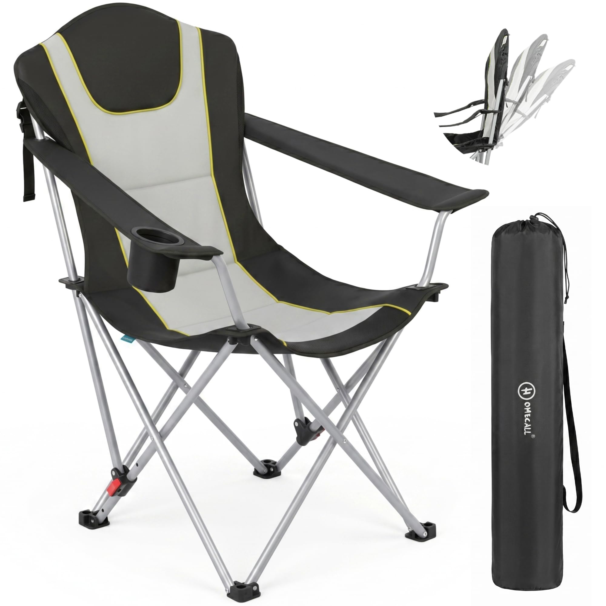 Homecall Campingstuhl Faltbar 150 KG Belastbar Camping Stuhl mit Armlehnen, Becherhalter, Abnehmbares Kissen, Tragetasche - Anglerstuhl Klappstuhl für Outdoors