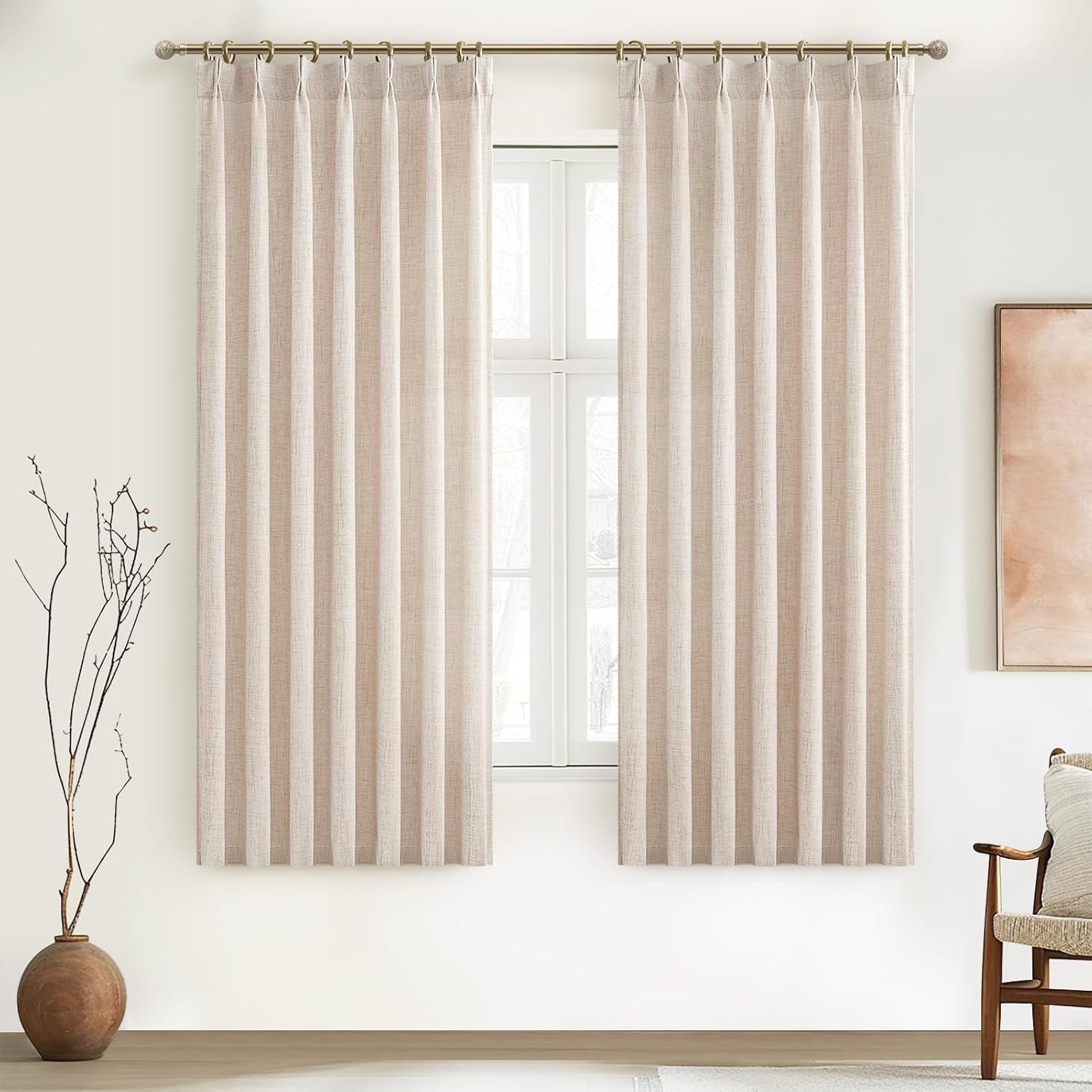 Natural Linen Small Kitchen Curtains 54 Inches Long 2 Panels Sets, Light Filtering Memory Trained Pinch Pleated Cream Privacy Boho Semi Sheer Bay Windows Drapes Elegant Decor with Hook Ring 40"Wx54"L Linen 40"W x 54"L( Pack of 2)