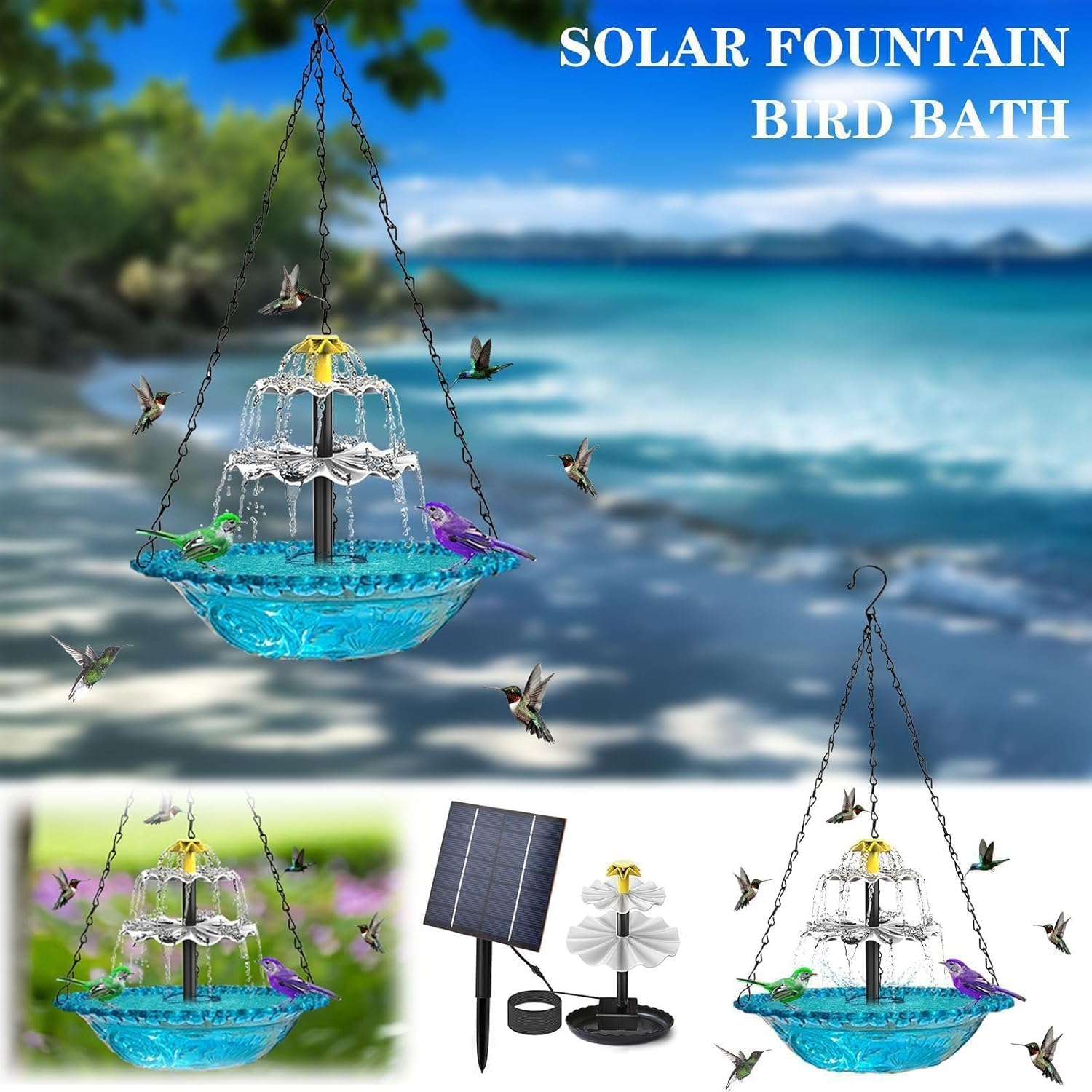Hanging Solar Bird Bath Fountain 2026 New Hanging Bird Baths with Flowing Water Solar Powered Cascading Outdoor Water Fountain Patio Backyard Lawn Garden Decor (Blue)