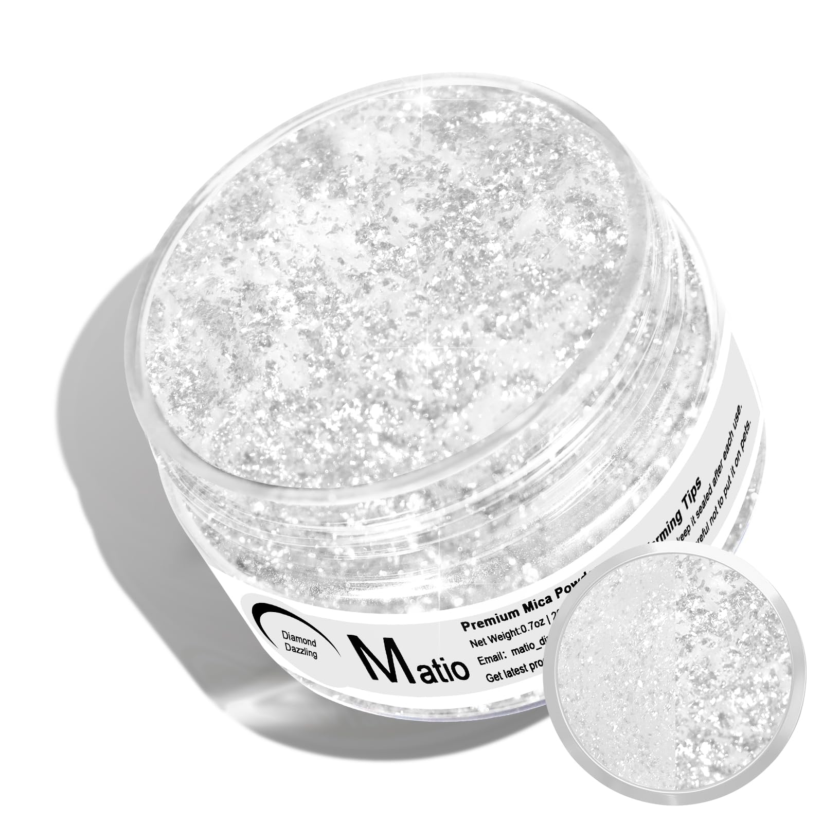 Matio White Glitter Mica Powder, 0.7oz/20g Premium Resin Glitter Powder Natural Epoxy Resin Color Pigment for Candle Making, Bath Bombs, DIY Crafts, Lip Gloss, Hair, Nail Art(Diamond Dazzling)