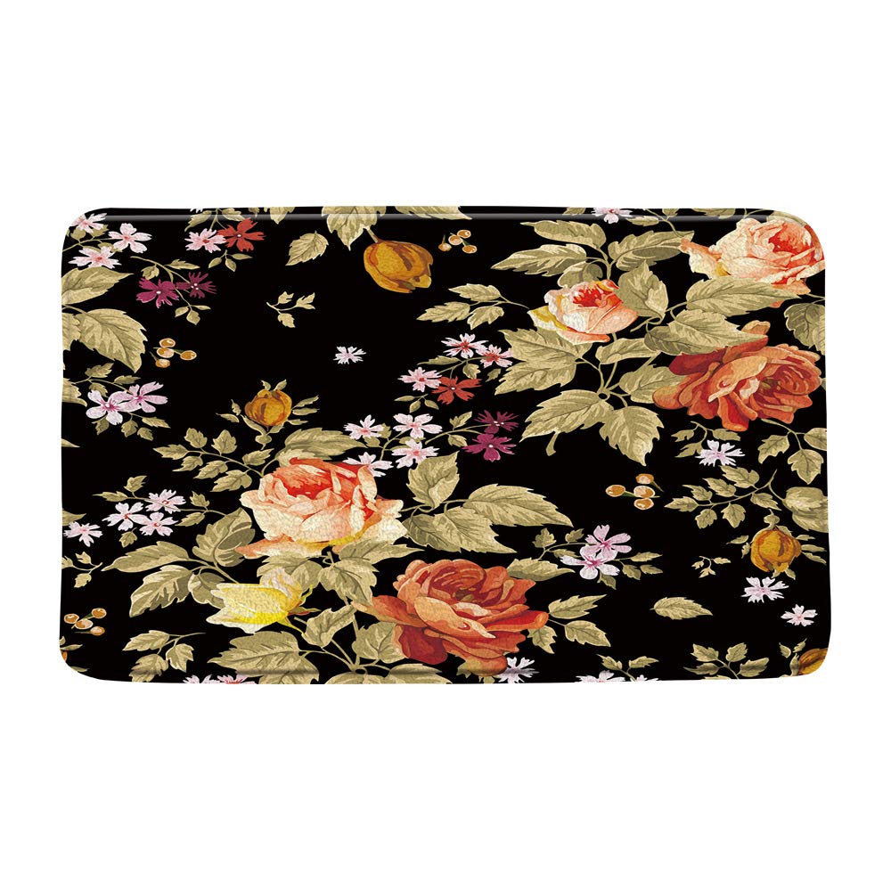AMFD Black Floral Bath Mat Vintage Pink Rose Small Flower Leaves Retro Woman Girls Fashion Bathroom Shower Mat Kitchen Rug Microfiber Memory Foam 16x24 Inches and 20x31 Inches