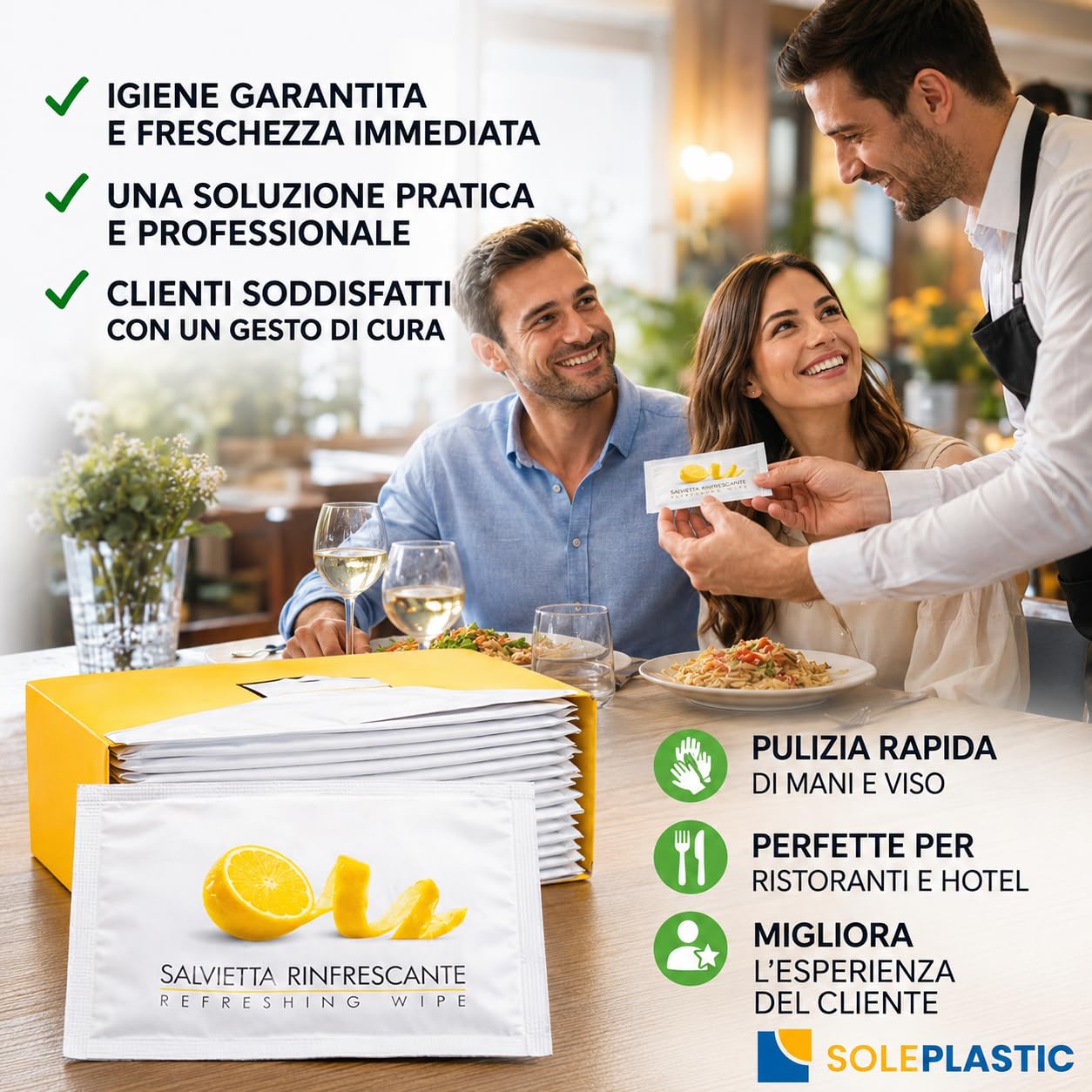 500 Salviette Umidificate Monouso Profumo (LIMONE) - Singolarmente Imbustate per Ristoranti, Hotel e Catering - Salviette Igienizzanti e Rinfrescanti per Mani e Viso