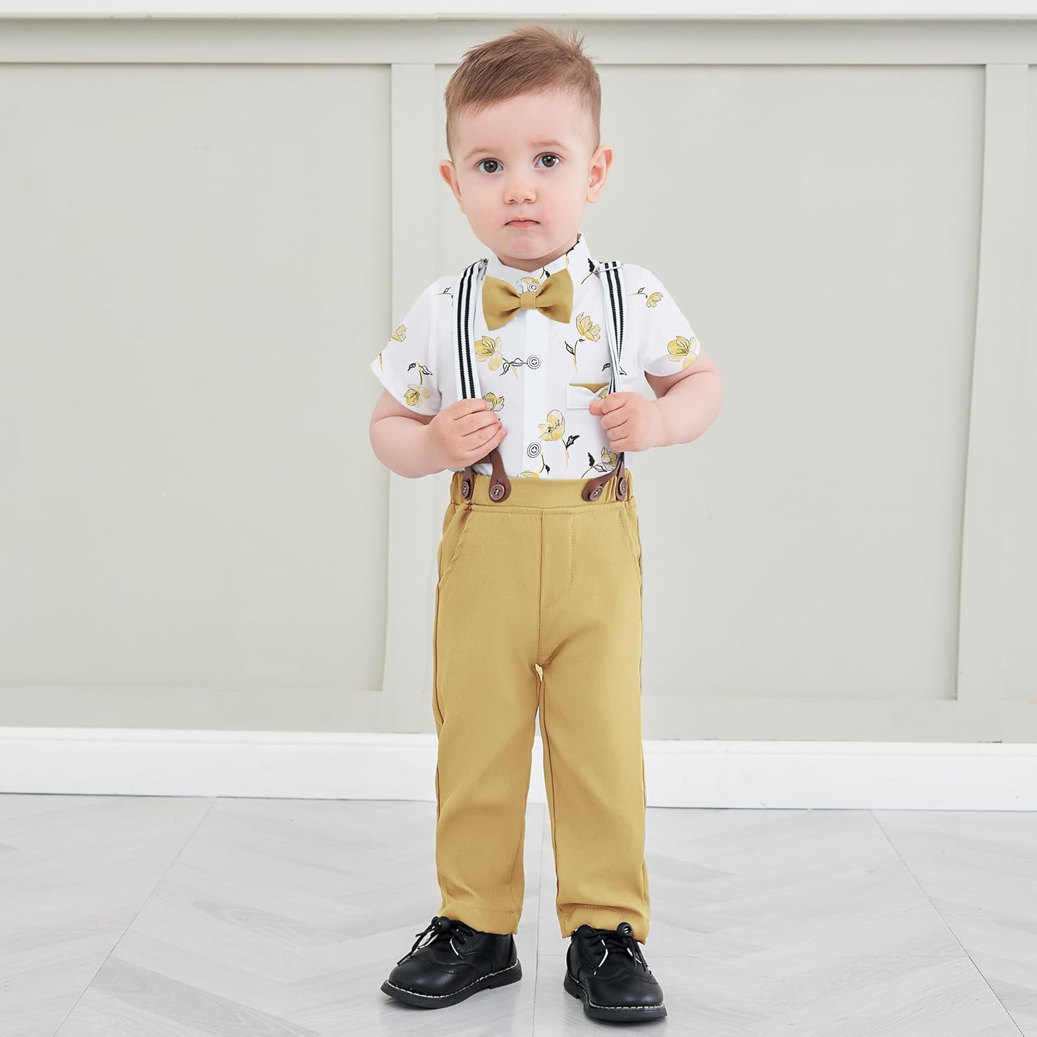 Baby Boy Clothes Suits 3-24M Infant Gentleman Outfits, Short Sleeve Shirt+Bowtie+Beret+Suspender Pants Clothing Set - Image 3
