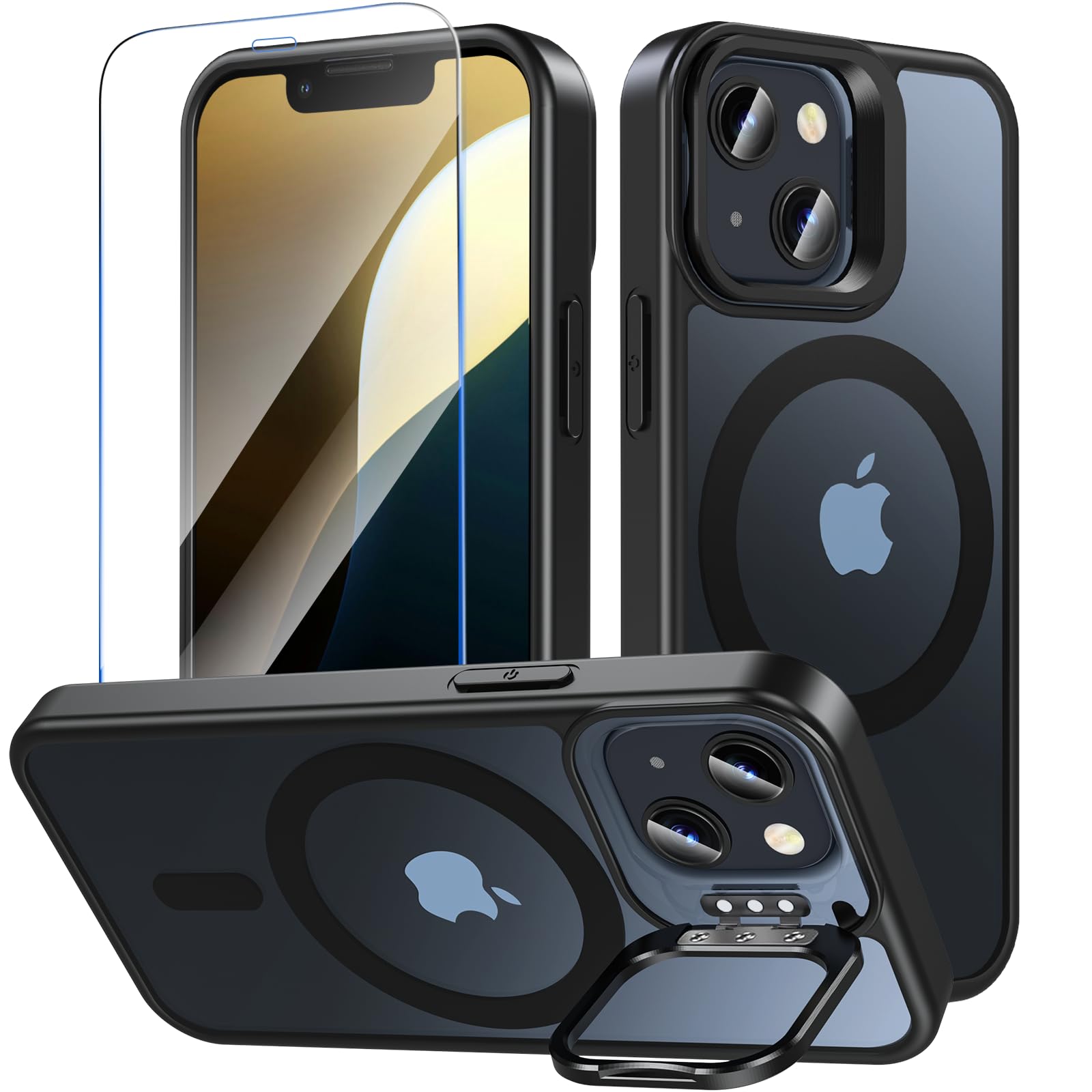 OWKEY Magnetic Case for iPhone 13 Mini / iPhone 12 Mini Case with Stand, Translucent Matte Protective Case with Tempered Glass Protection, Compatible with MagSafe, Military Drop Protection, Shockproof