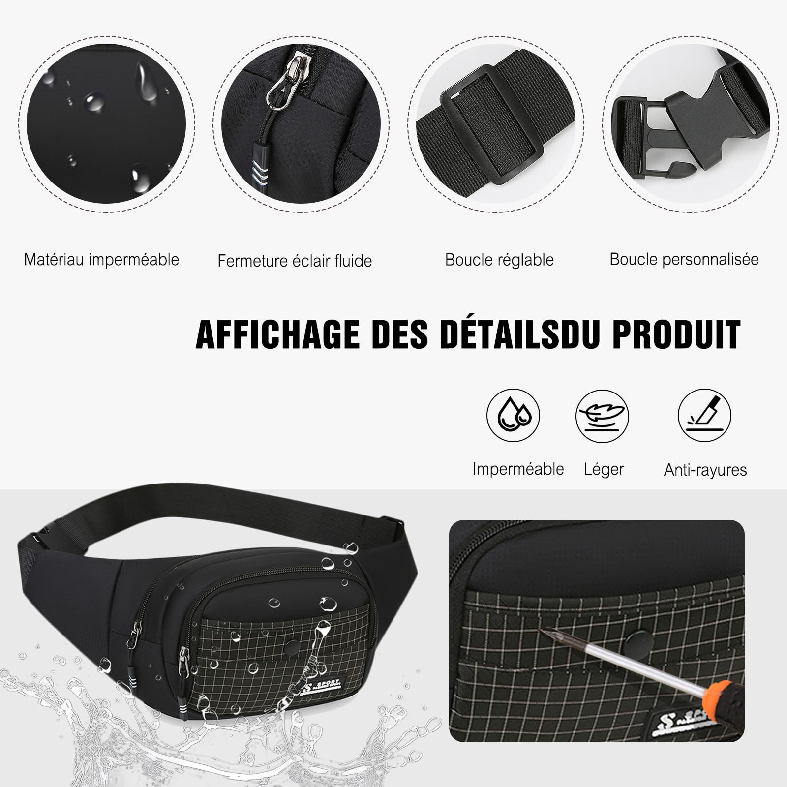 FANDARE Grand Sacs bananes ville Ceinture de Course Femme Homme, Sacoche à Poitrine 3 Poches zippées, avec Sangle Réglable Sac Bandoulière pour Cyclisme, randonnée,Jogging,Voyages,l'extérieur