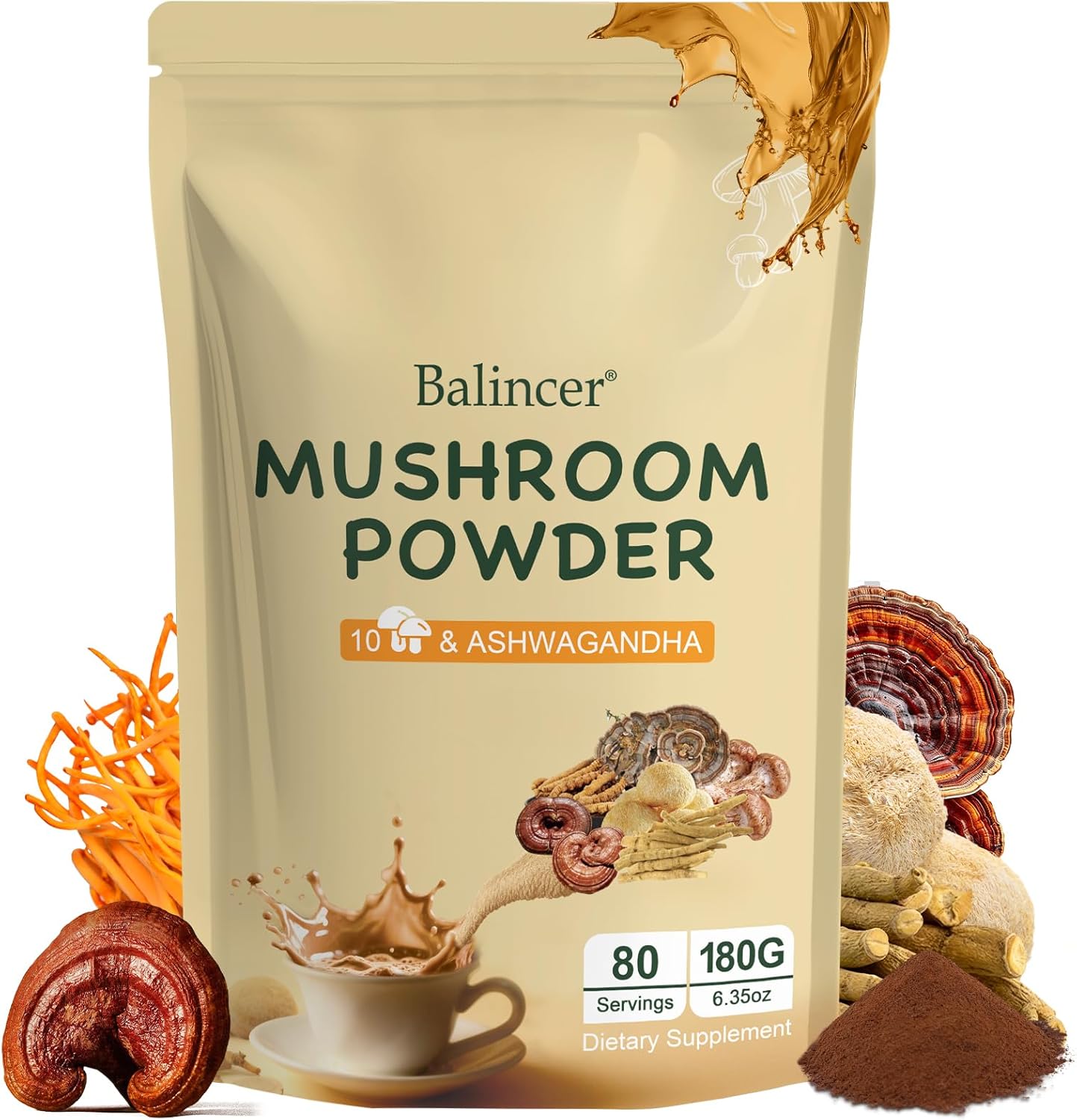Balincer Mushroom Powder Supplement with 10 Mushrooms and Ashwagandha - Support Immunity, Gut Health & Stress Relief, 6.35 oz (80 Servings)
