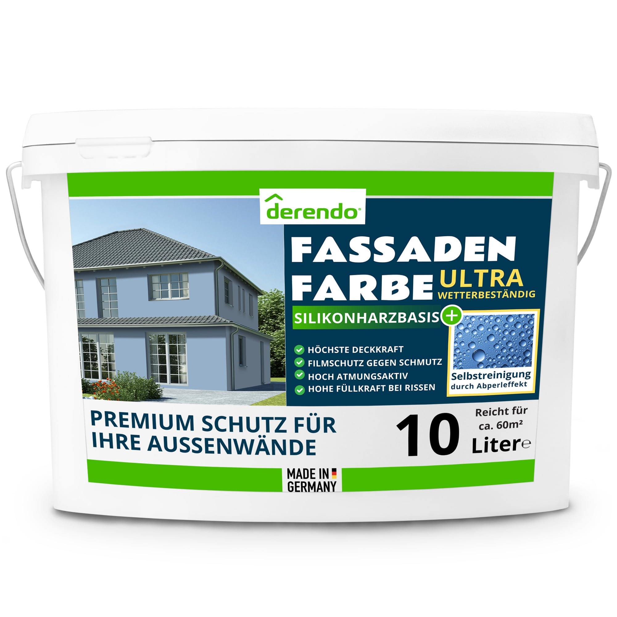 derendo Fassadenfarbe Blau ULTRA Silikonharzfarbe Taubenblau aussen 10l | Für Putz Beton, Abperleffekt, wasserabweisend, UV-beständig, hohe Deckkraft, rissfüllend, diffusionsoffen, Made in Germany,