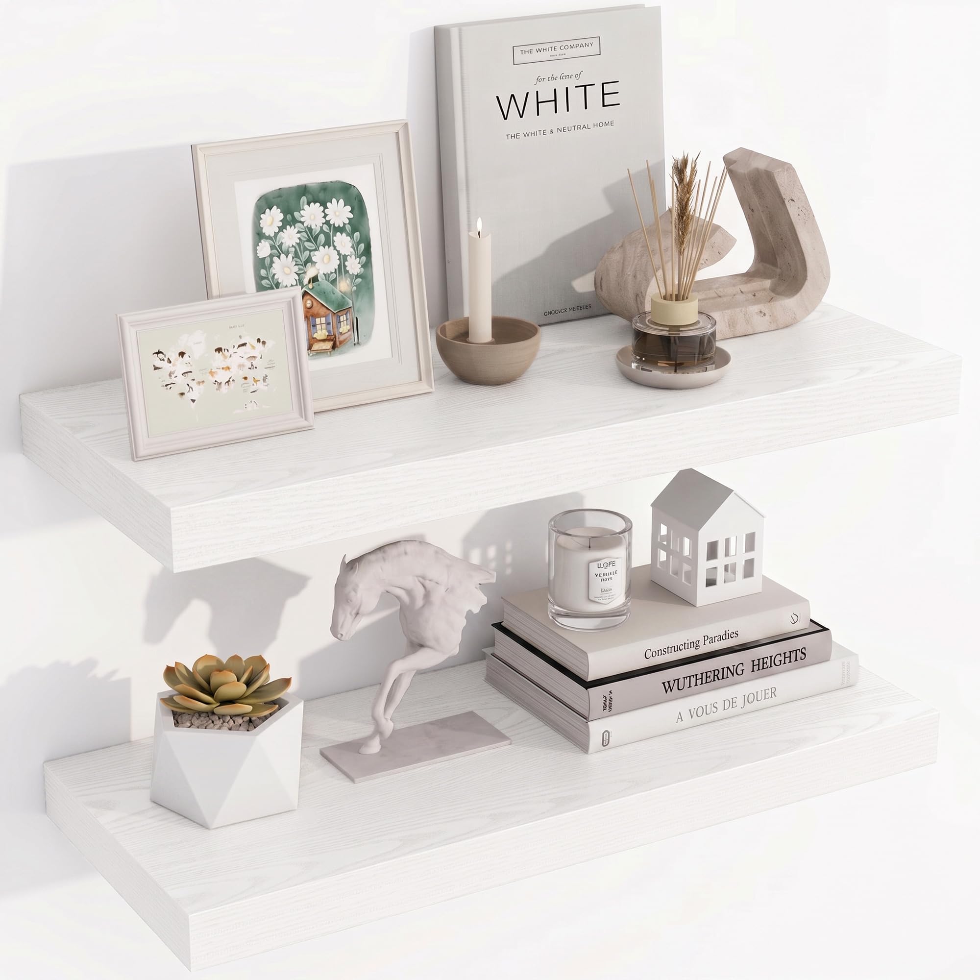 Acovy Floating Shelves for Wall, 23.5cm Extra Deep 60cm Long Wooden Wall Mounted Shelf, Wall Shelves for Living Room Bathroom Bedroom Kitchen, White, Set of 2