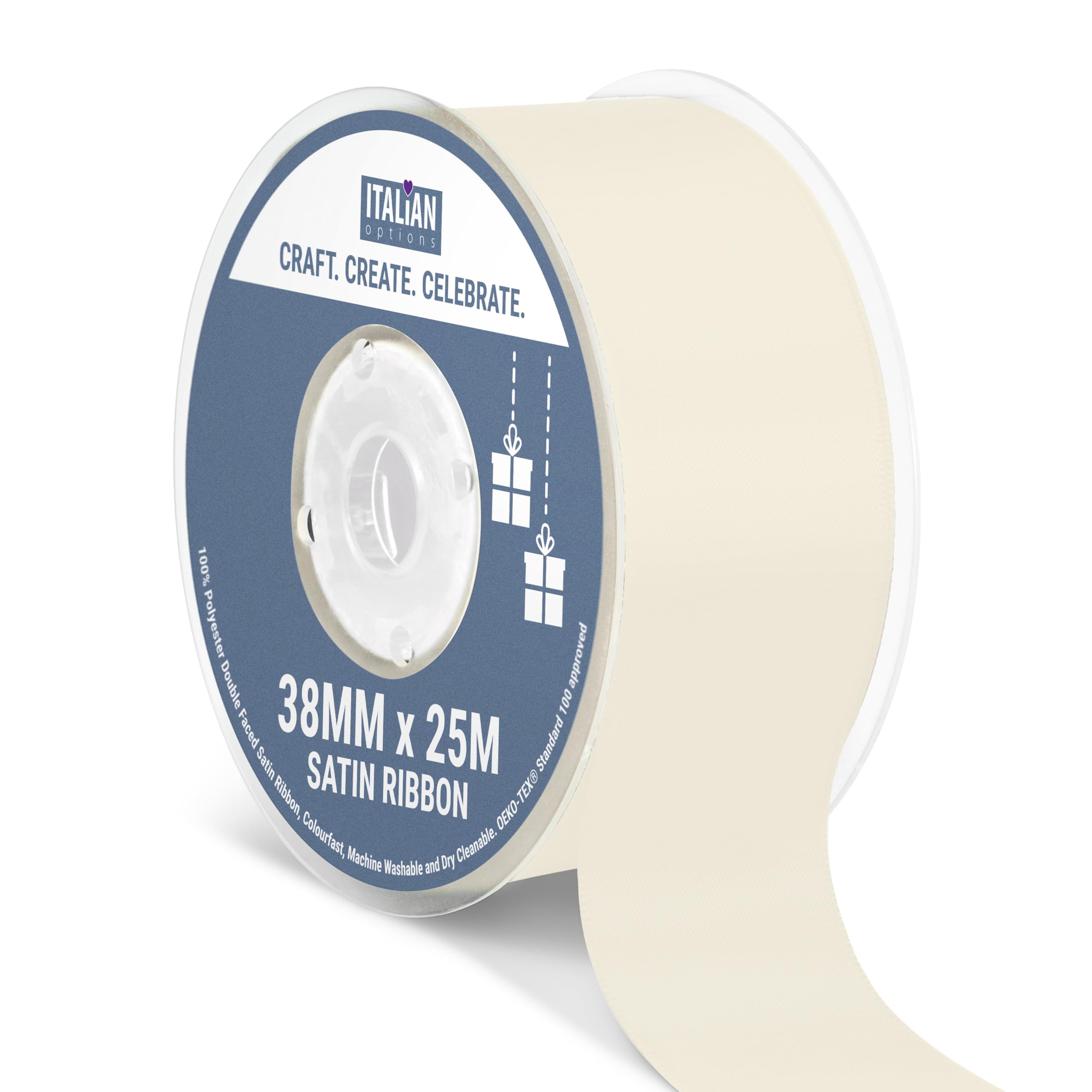 Italian Options Satin Ribbon, Fabric Ribbons for Gift Wrapping, Crafting, Balloons, Wedding Car, Presents, Cake, Christmas, Birthday, Gift Wrap Accessories, 38mm Wide x 25 Metre Roll, Ivory