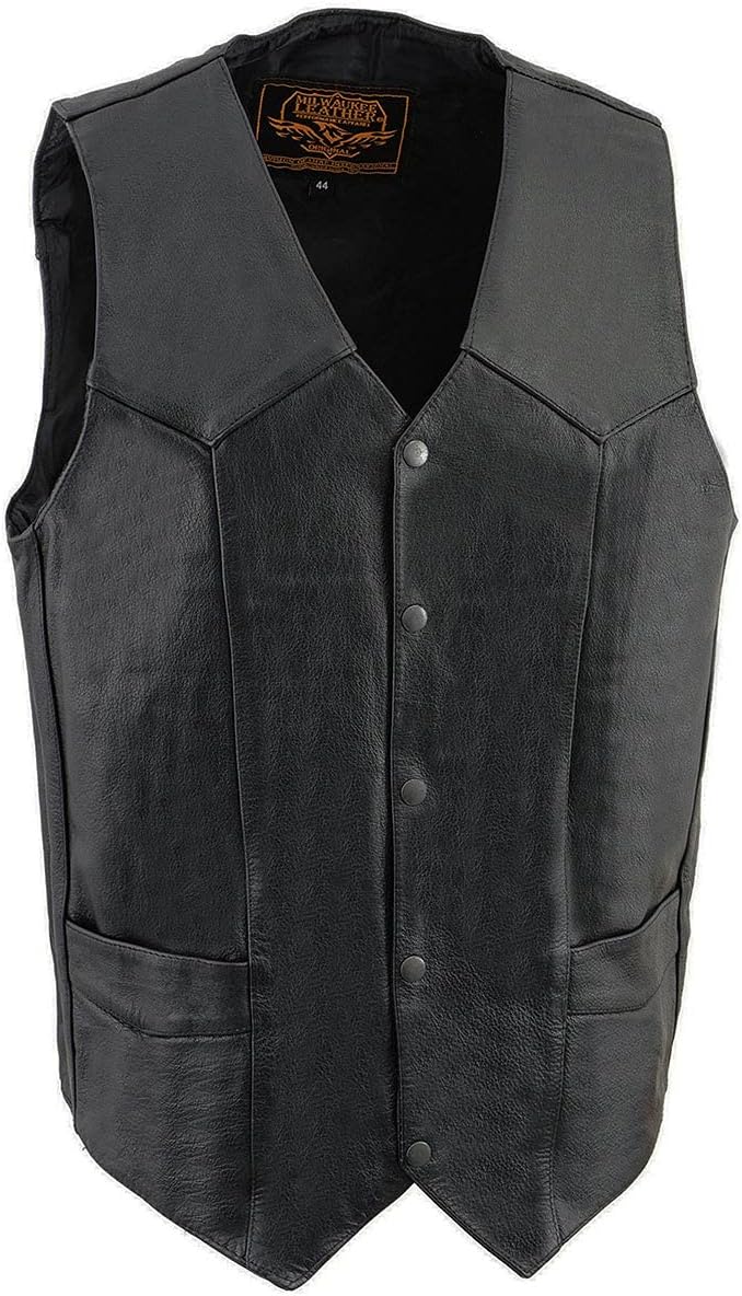 Milwaukee Leather SH1310 Men's Black Leather Classic V-Neck Motorcycle Rider Vest w/Snap Button Closure
