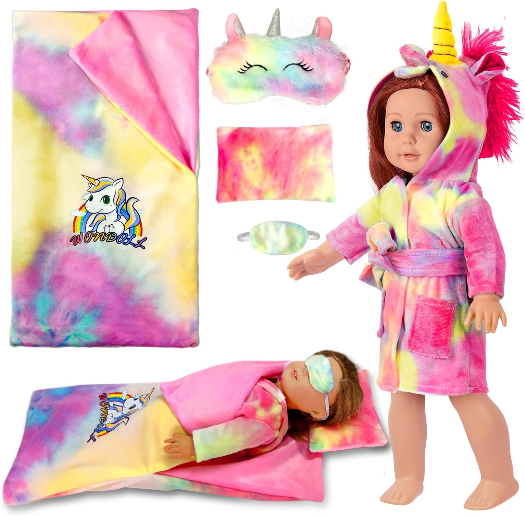 18-inch Doll Clothes and Doll Sleeping Bag Set with Matching Sleepover Masks & Pillow
