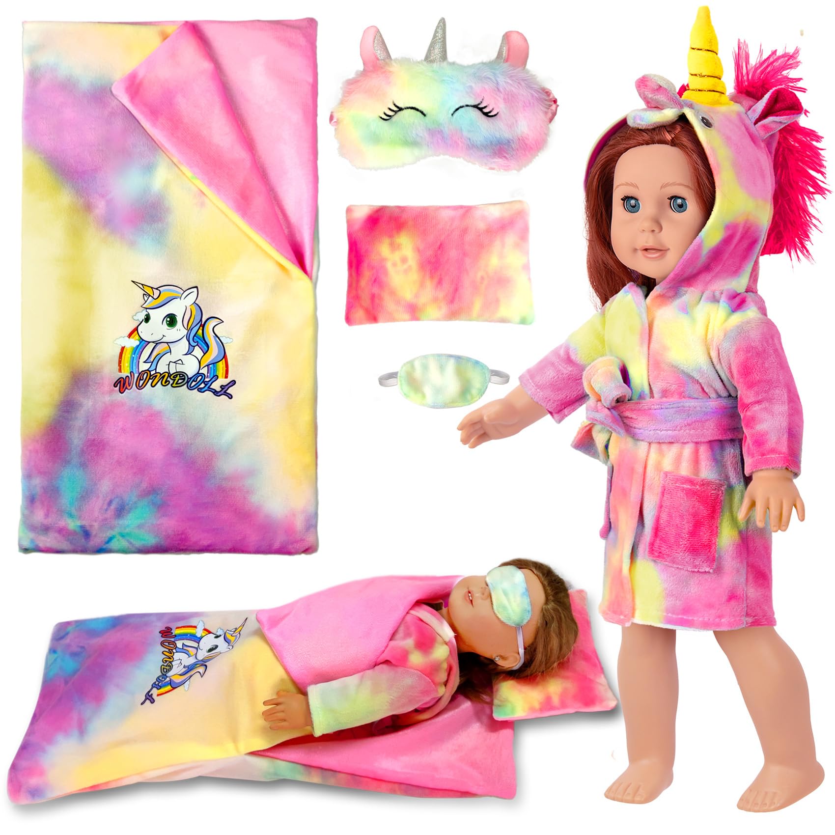 WONDOLL 18-inch Doll Clothes and Doll Sleeping Bag Set with Matching Sleepover Masks & Pillow
