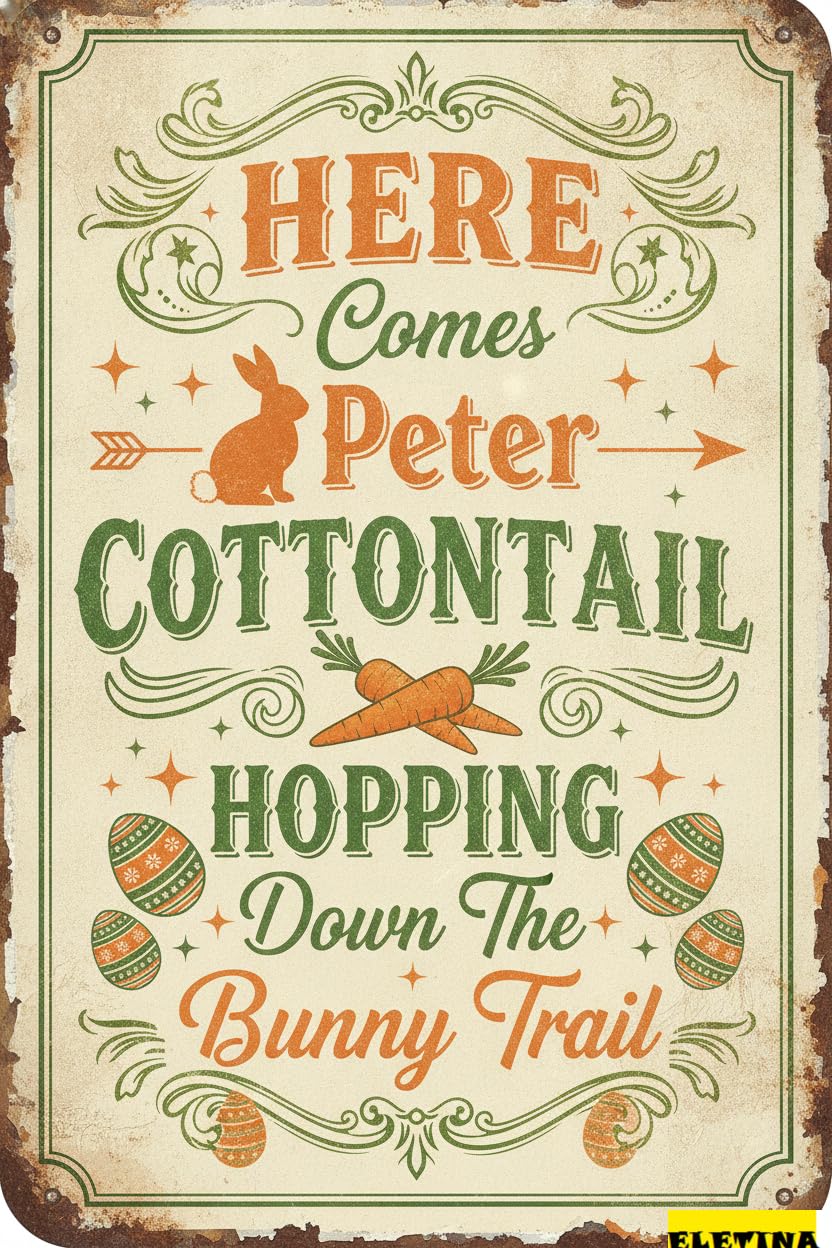Peter Cottontail Bunny Trail Easter Tin Sign, 8x12 Inch