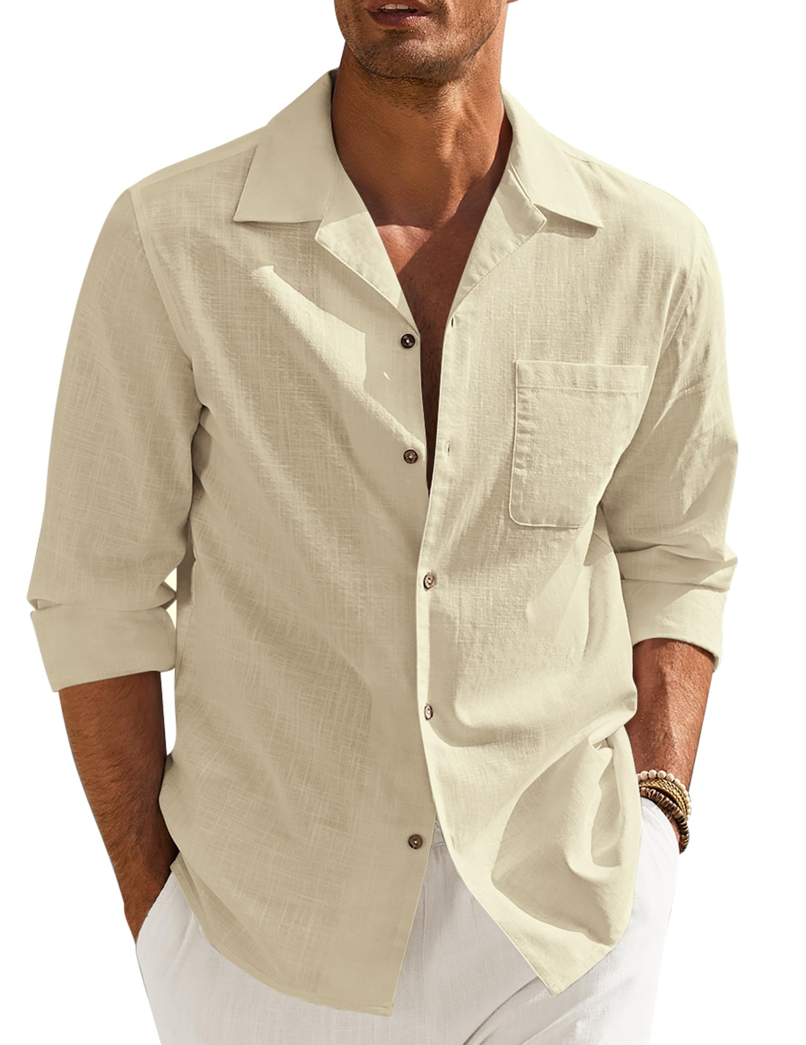 COOFANDY Camisas de Manga Larga Camisas de Verano para Hombre Camisas Casual Camisa de Algodón Camisa de Playa con Bolsillo