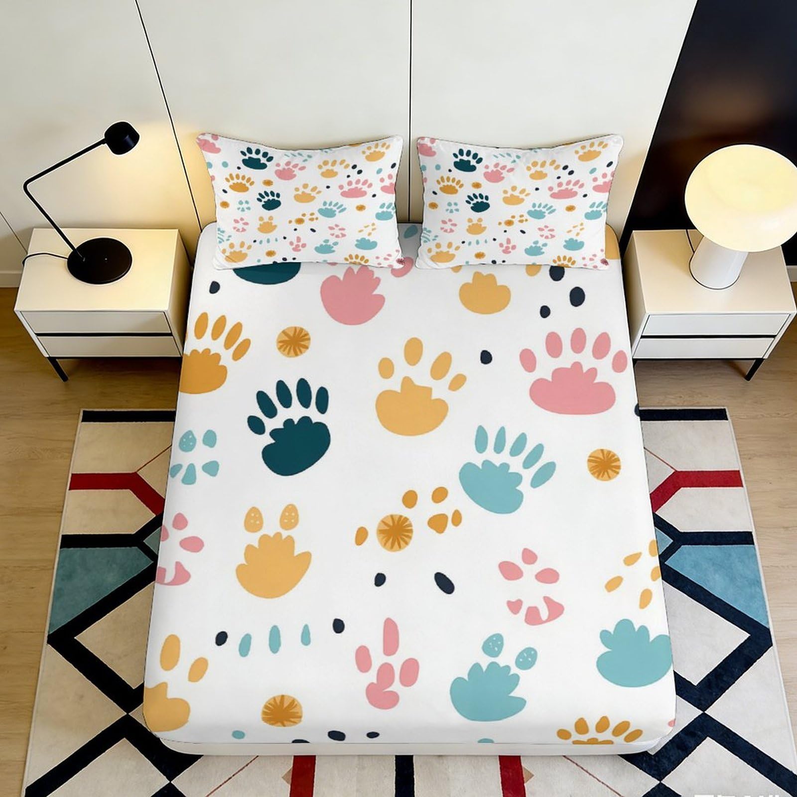 3D Printed Colorful Paw Prints Fitted Sheet Microfiber Soft Durable Pastel Animal Pattern Mattress Cover for Bedroom Dormitory Guest Room Mattress Protection 160x200x25cm