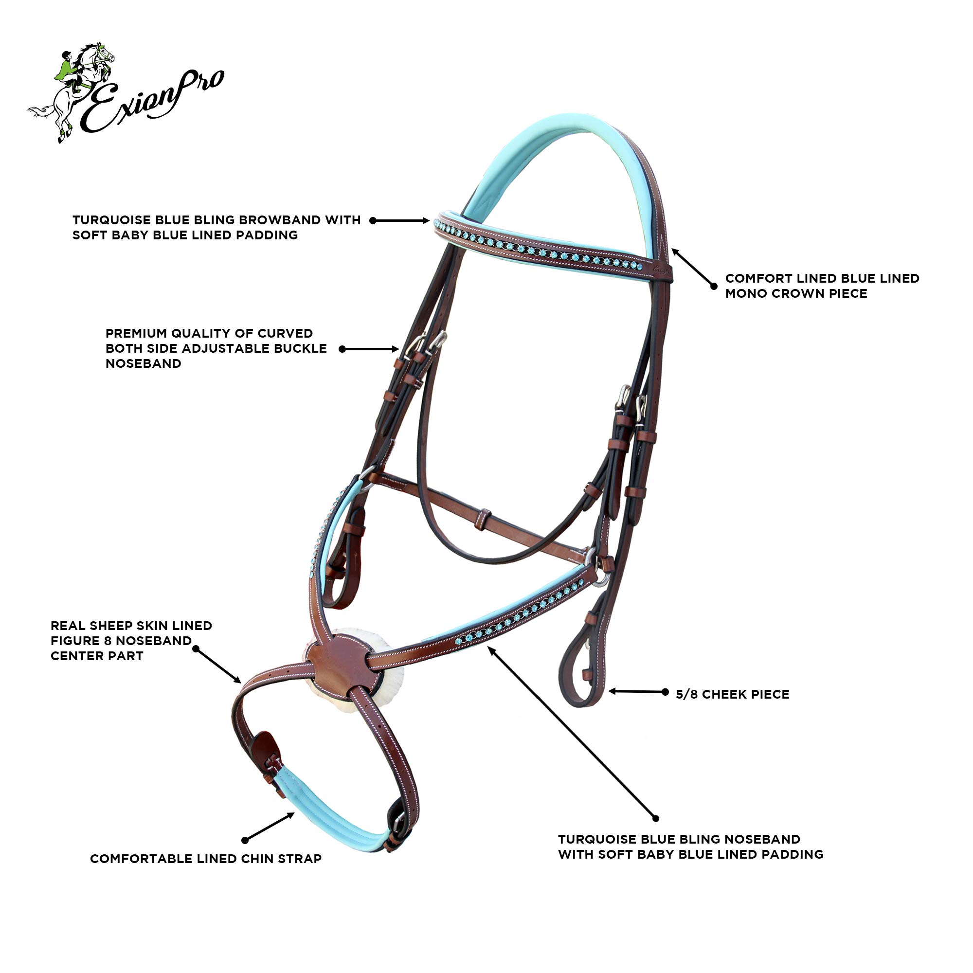 Exion - Briglia da cavallo con fascia per sopracciglia e 8, con corona foderata blu e redini in gomma, briglia inglese blu Royal Figure Eight (nero, pony)